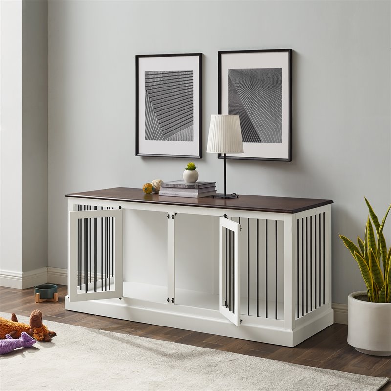 Bowery Hill Wood Medium Credenza Pet Crate in White/Brown Finish