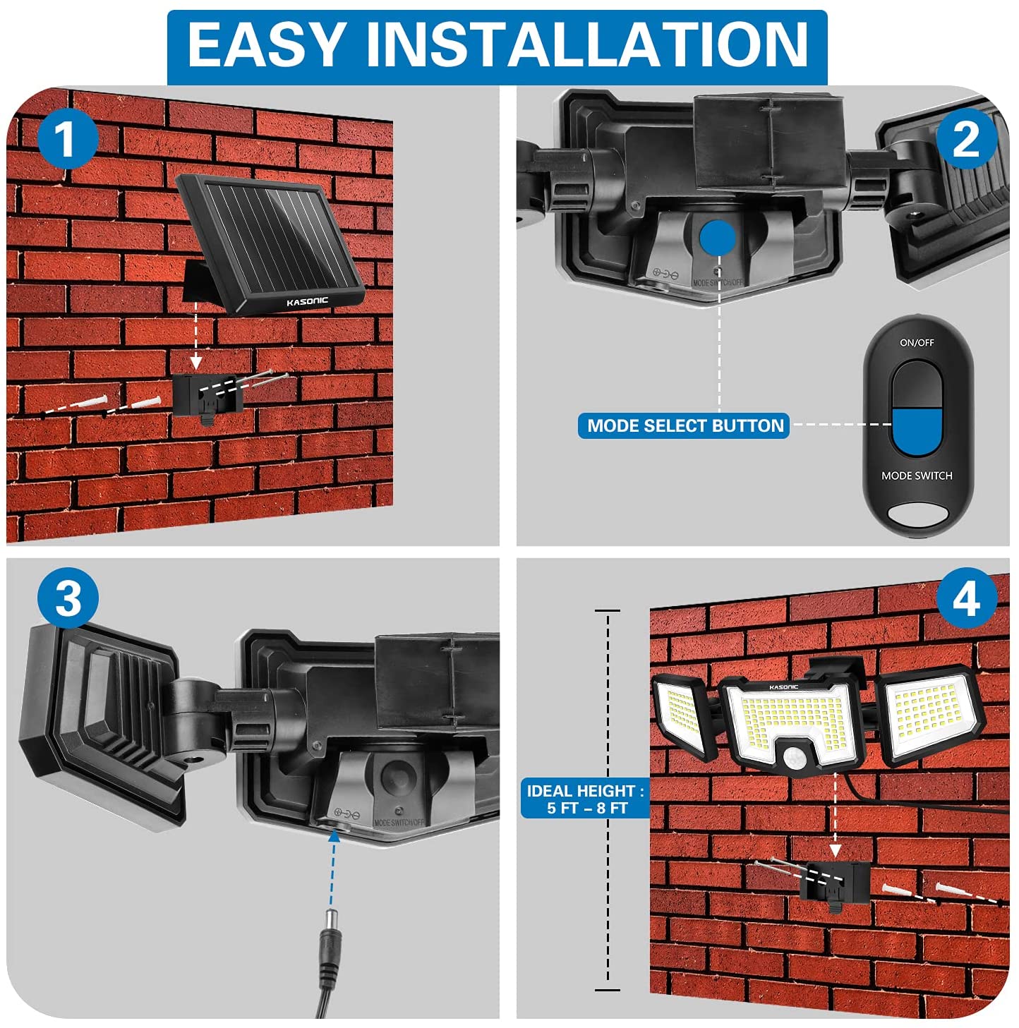 2 Pack， Security Solar Lights Outdoor， 2500LM LED 6500K Super Bright Motion Sensor with Remote， 15 feet Cable， Wide Angle， 3 Adjustable Heads， IP65 Waterproof， Flood Light， Daylight