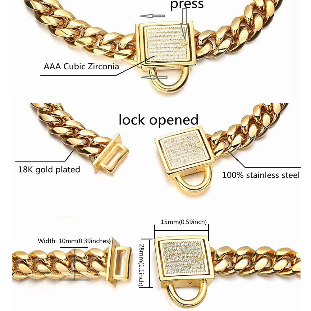 Gold Dog Chain Collar， 10mm Metal Chain Collar Cuban Link Puppy Collar Stainless Steel with CZ Diamond Lock Bling Choke Collar for Dogs(10inches)