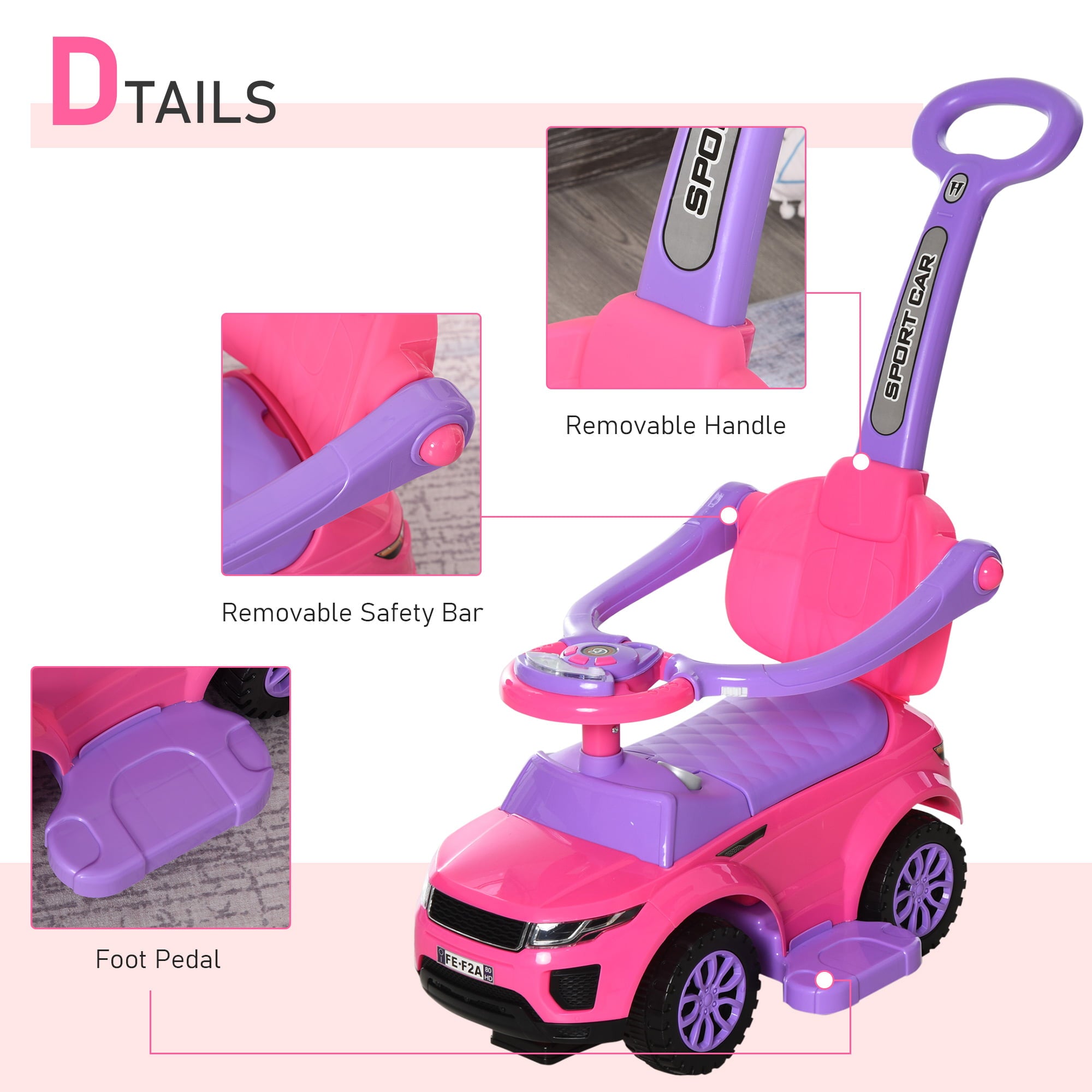 Aosom 3 In 1 Push Cars for Toddlers Kid Ride on Push Car Stroller Sliding Walking Car with Horn Music Light Function Secure Bar Ride on Toy for Boy Girl 1-3 Years Old Pink