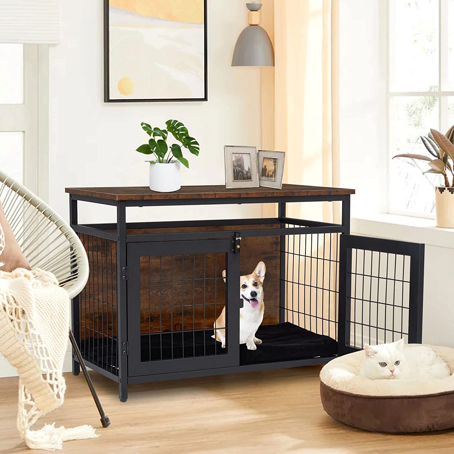 Kinsuite Wooden Dog Crate Furniture - Dog Kennels with 2 Doors Indoor Side Table for Small/Medium Dog， Decorative Mesh Pet Crate， Rustic Brown