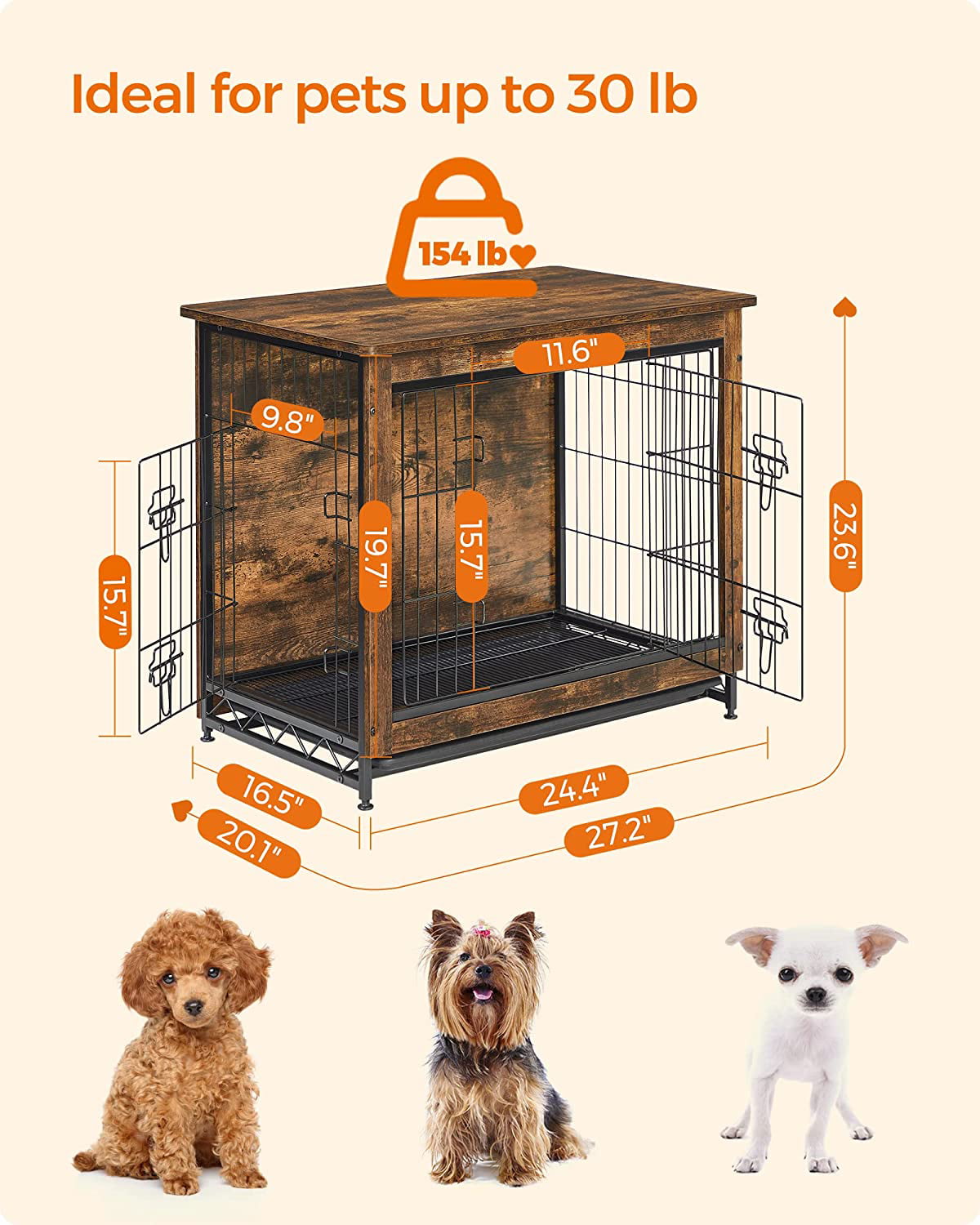 FEANDREA Dog Crate Furniture， Double-Door Dog House， Rustic Brown