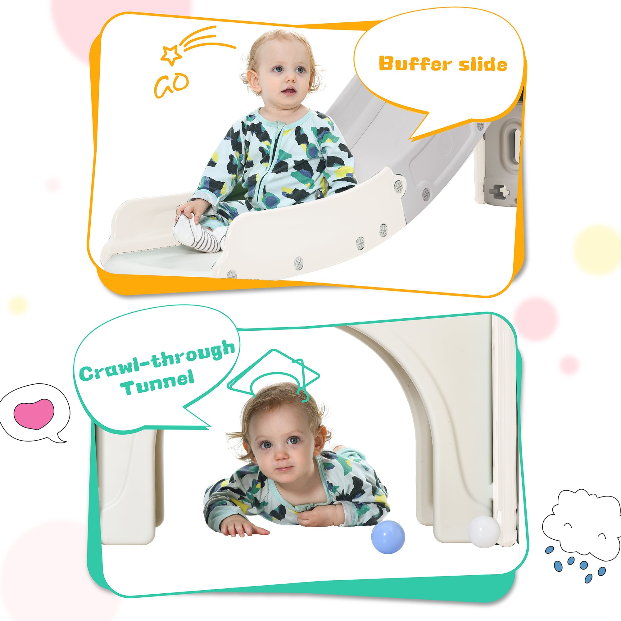 Walmeck Slide Playset Structure， Freestanding Castle Climber with Slide and Basketball Hoop， Storage Organizer for Toddlers， Climbers Playhouse for Indoor Outdoor Playground Activity