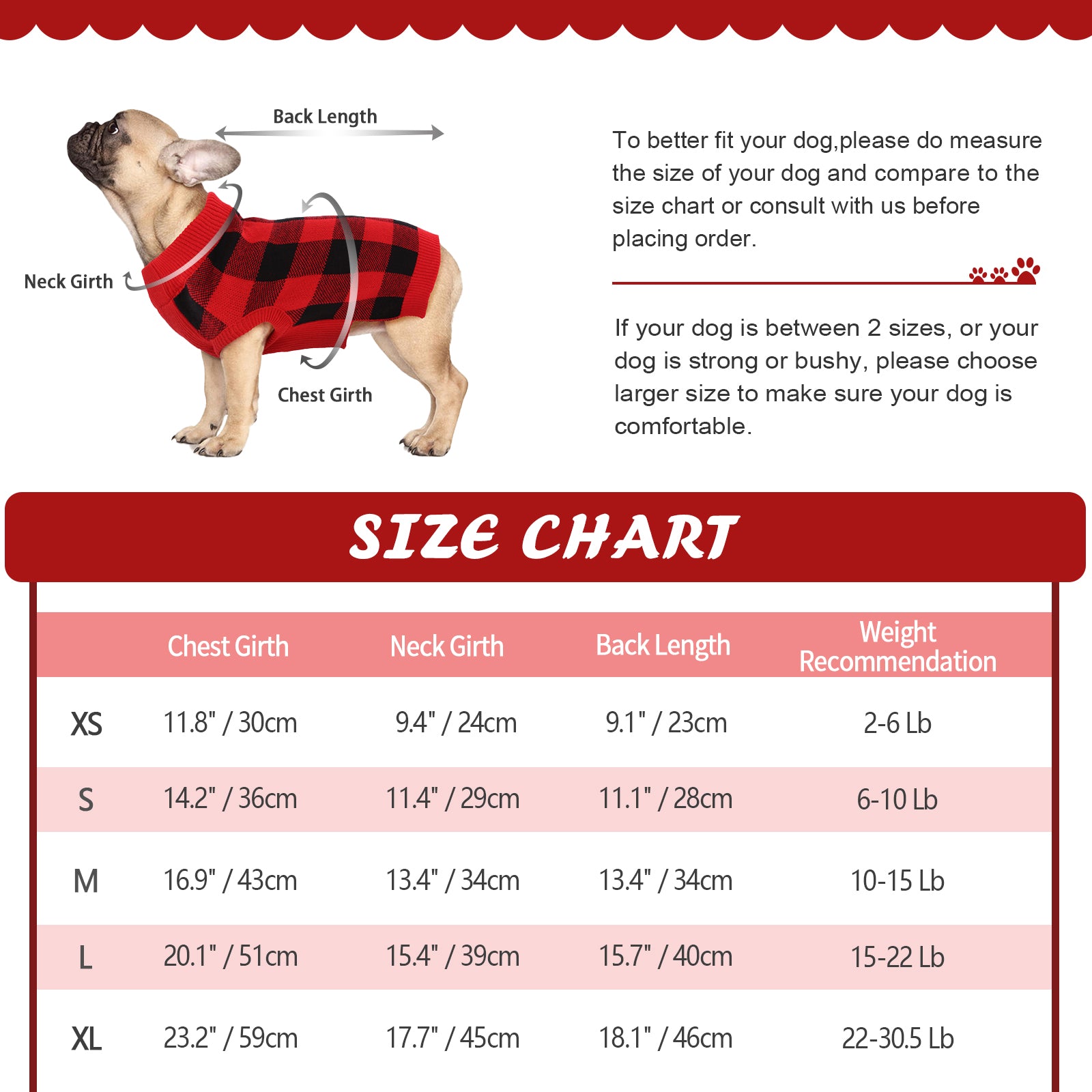 Kuoser Acrylic Plaid Dog Coat Sweater， Red， XS/XL