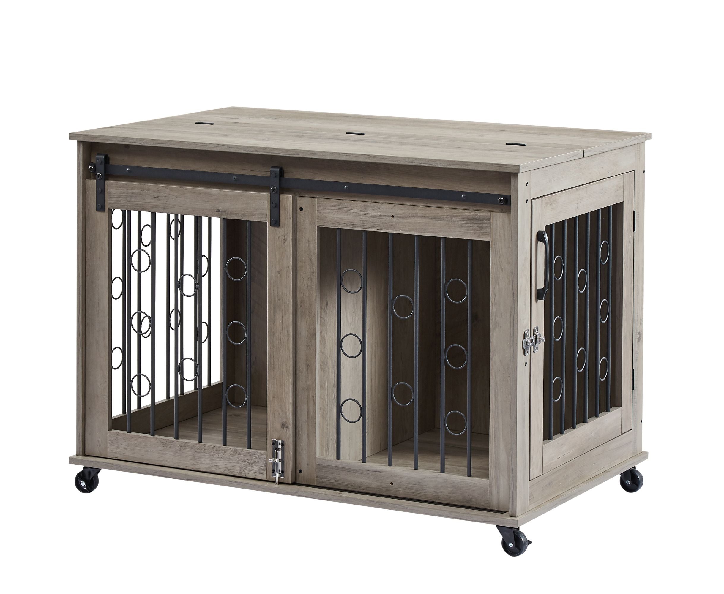 Ouyessir Dog Crate， Large Dog Kennel Furniture Indoor，Chew-Resistant Natural Wood Dog House，Gray
