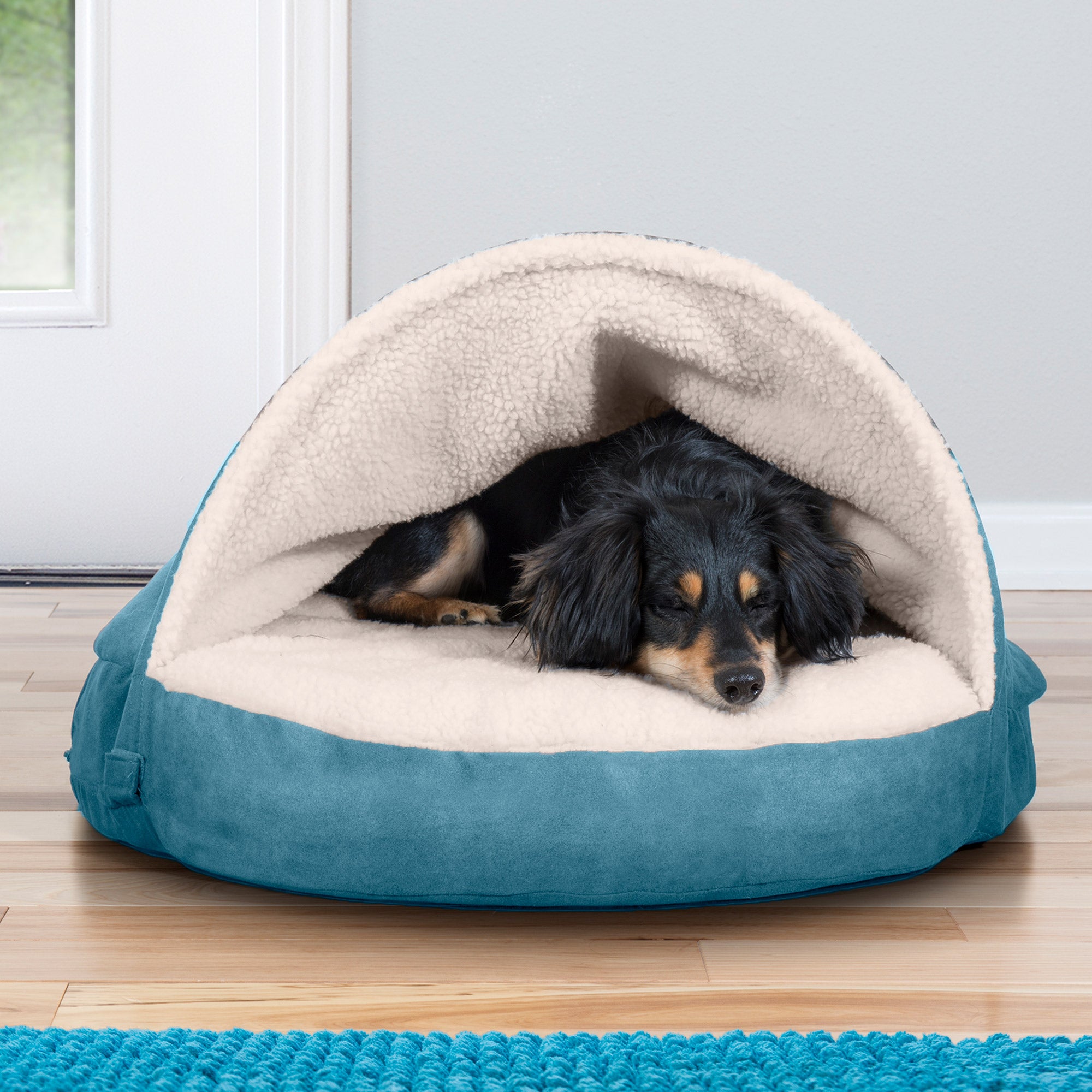 FurHaven | Cooling Gel Faux Sheepskin Snuggery Pet Bed for Dogs and Cats， Blue， 26-Inch