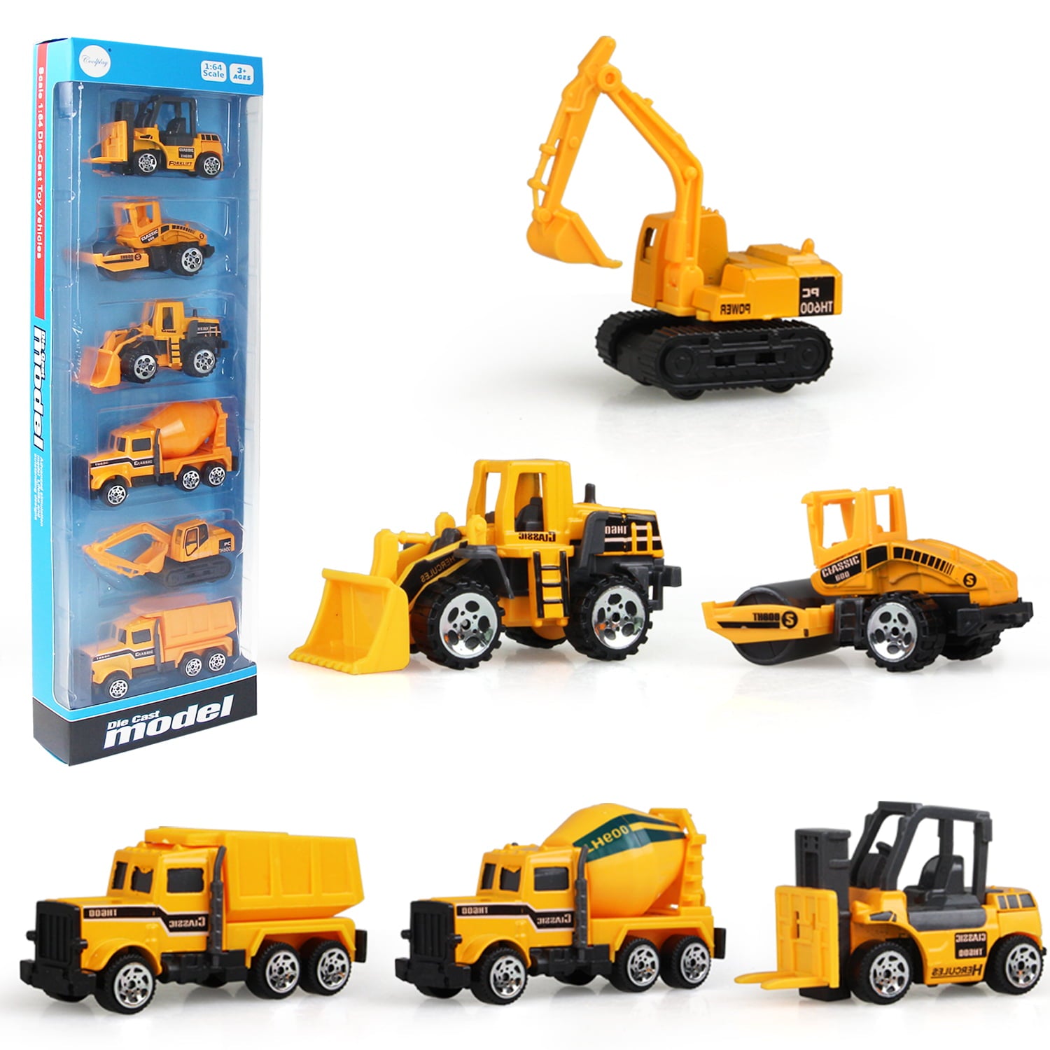 Coolplay 6PCS Mini Alloy Truck Forklift Bulldozer Excavator Die-Cast Vehicle Toy Set for 3 4 5 6 7 Year Old Boy Kids