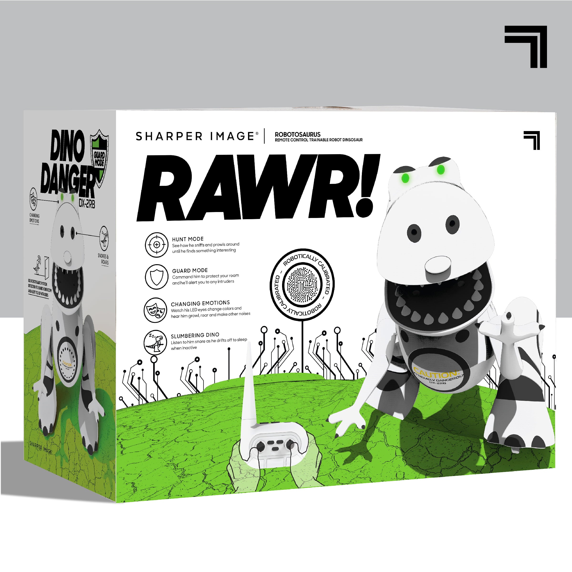 Sharper Image Interactive RC Robotosaur Dinosaur， Built-in Mood Sensors and Color-Changing LED Eyes， Motion Detection， Growls， Snores， Battery Operated- White/Black