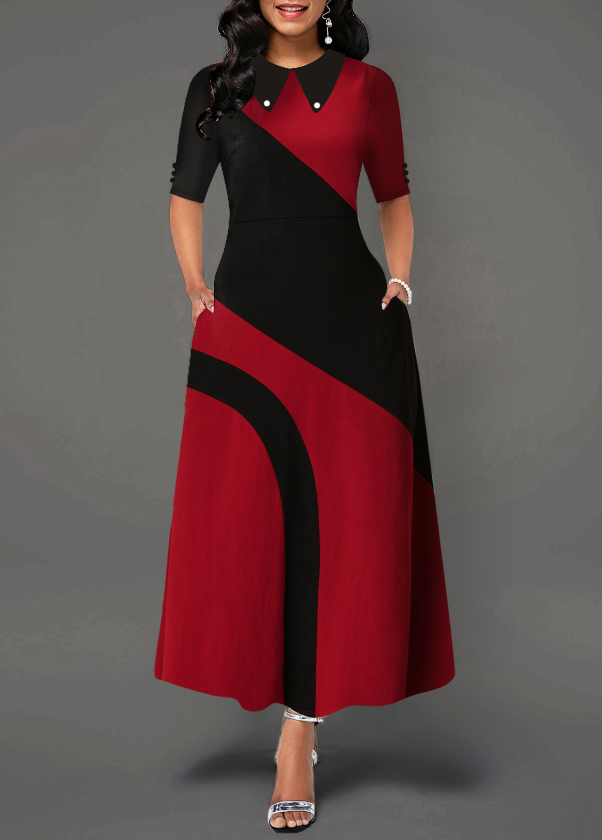 Turndown Collar Side Pocket Contrast Maxi Dress