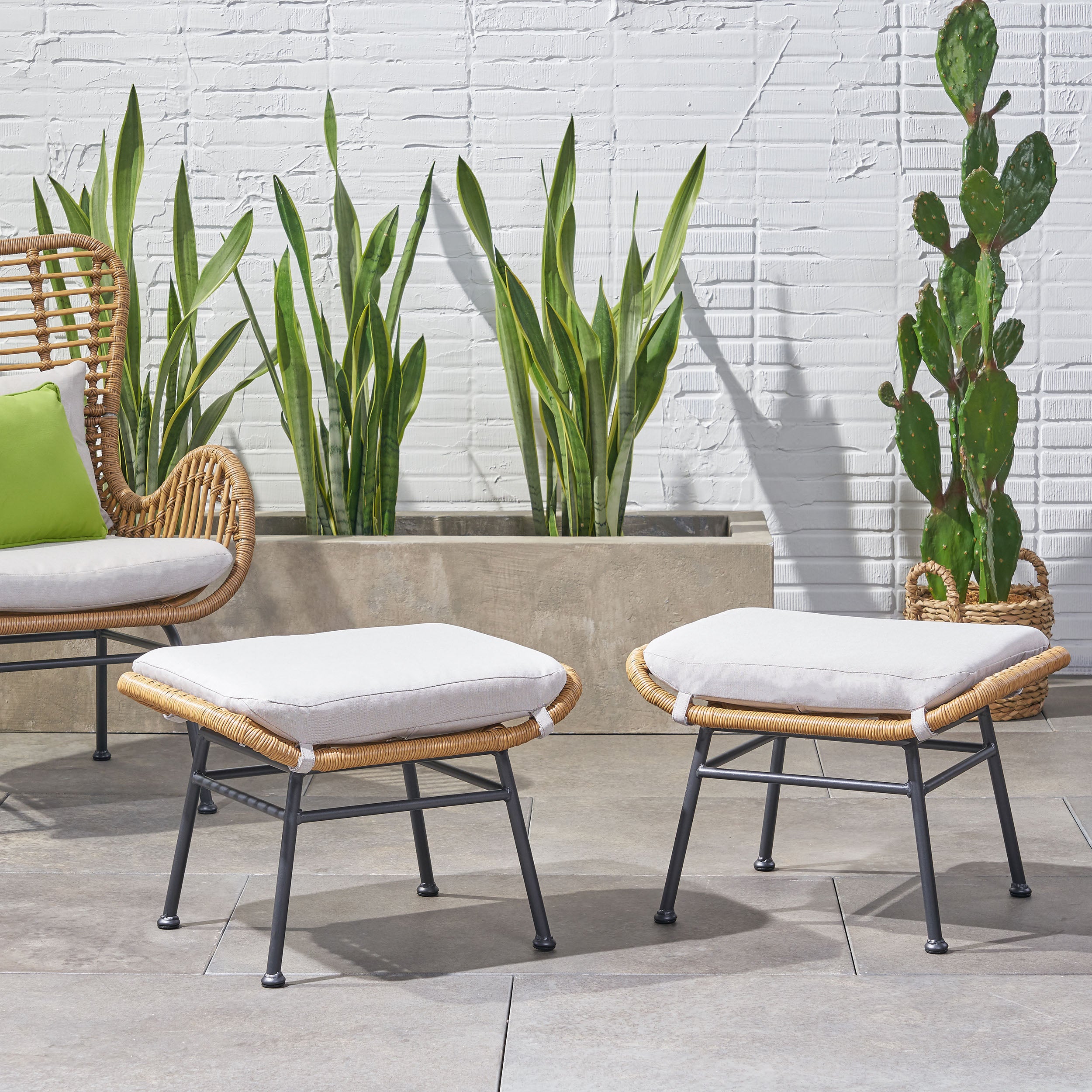 Gloria Outdoor Modern Boho Wicker Ottoman (Set of 2)