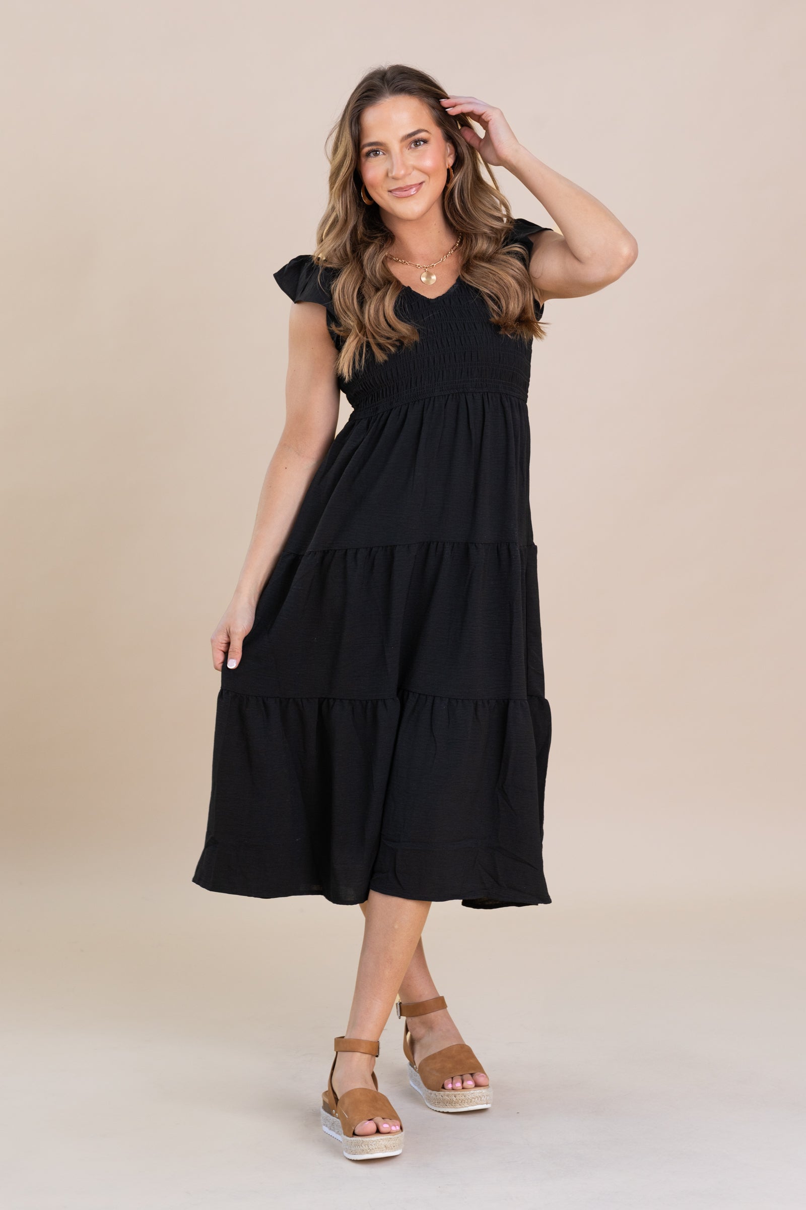 Black Flutter Sleeve Midi Dress