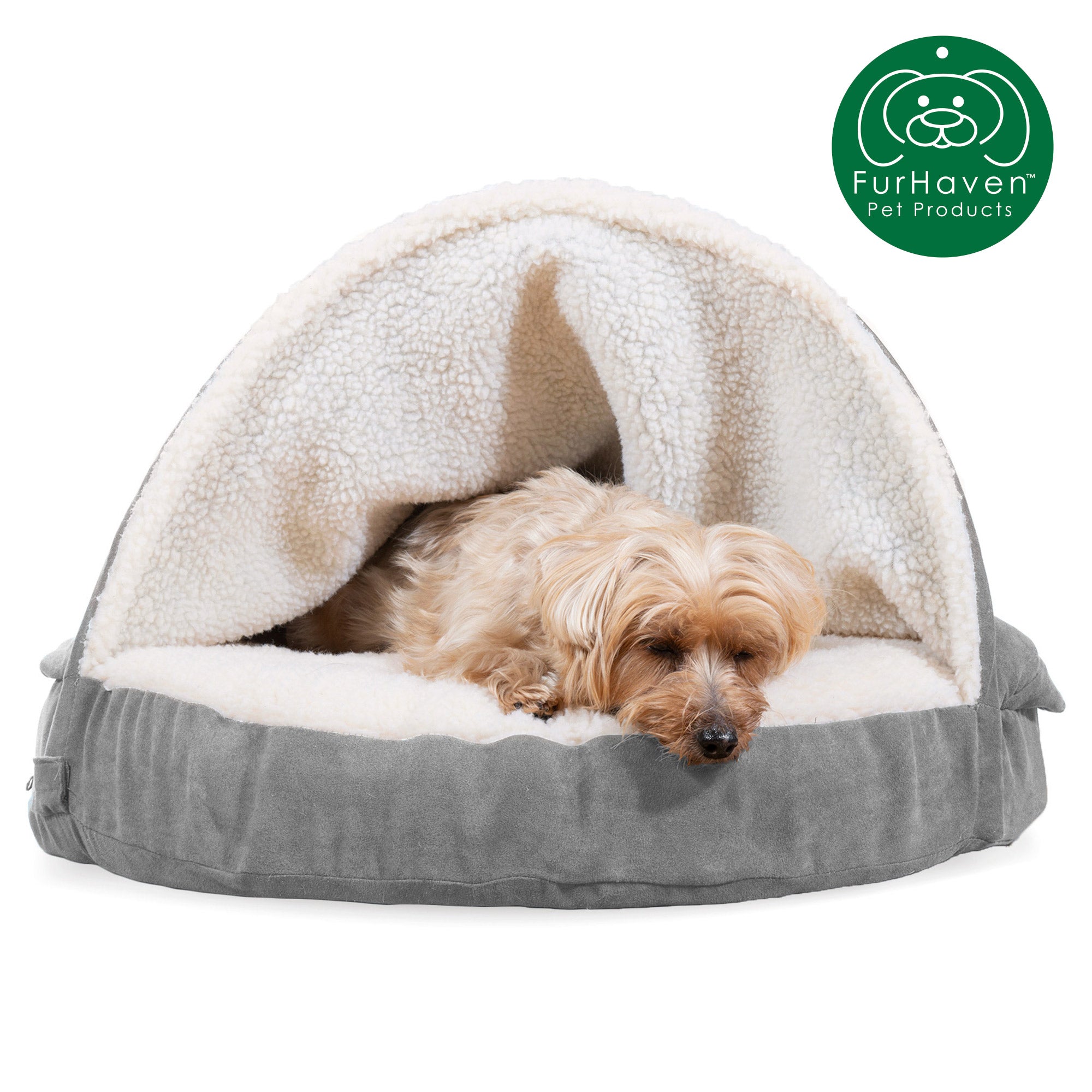 FurHaven | Memory Foam Faux Sheepskin Snuggery Burrow Pet Bed for Dogs and Cats， Gray， 26-Inch