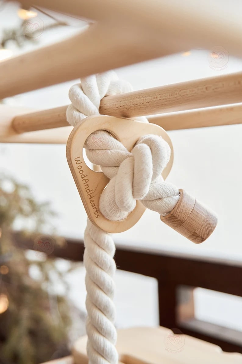 Woodandhearts Scandinavian Play Complex: Swedish Stepladder， Rocking Ramp， Climbing Rope， Monkey Bars， Gymnastic rings， Kid Swing， Play Mat， Jungle Gym， Wooden Natural color， for Kids 1-4 years