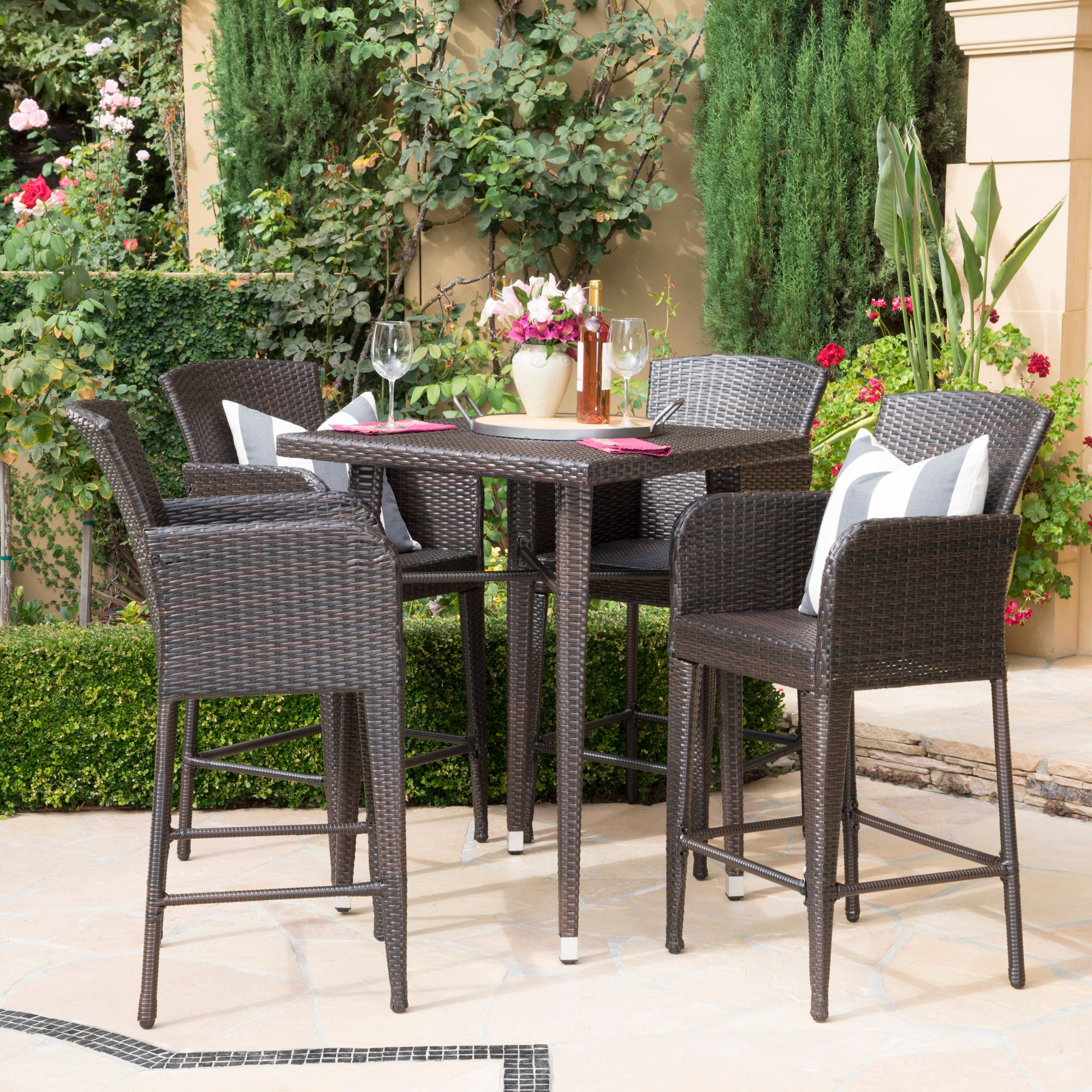 Landan Outdoor 5 Piece Multi-brown Wicker Square Bar Table Set