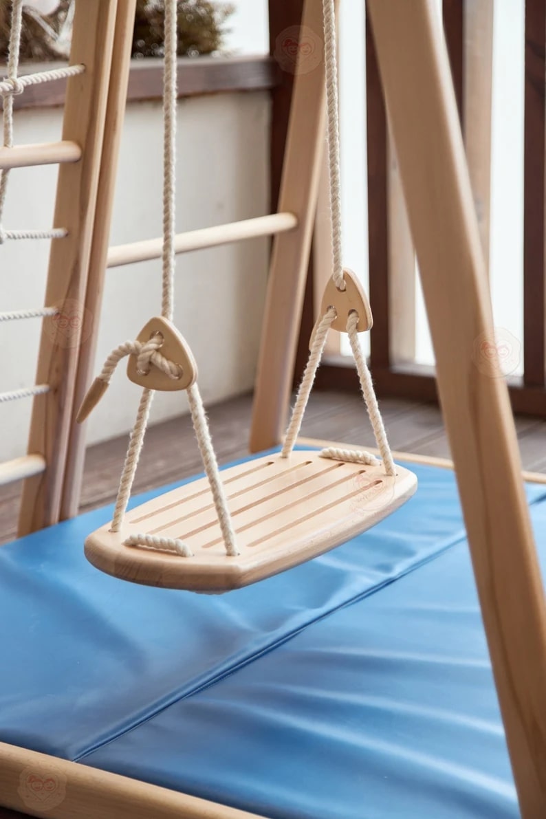 Woodandhearts Scandinavian Play Complex: Swedish Stepladder， Rocking Ramp， Climbing Rope， Monkey Bars， Gymnastic rings， Kid Swing， Play Mat， Jungle Gym， Wooden Natural color， for Kids 1-4 years