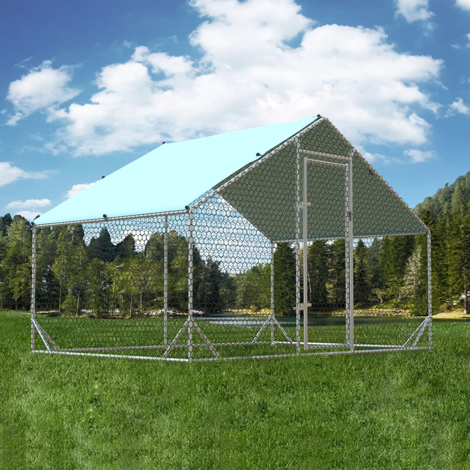 Chicken Coop Run Large Metal Chicken Pen For 6-8 Chicken， Walkin Chicken Run， Poultry Cage with Waterproof Cover for Backyard Farm