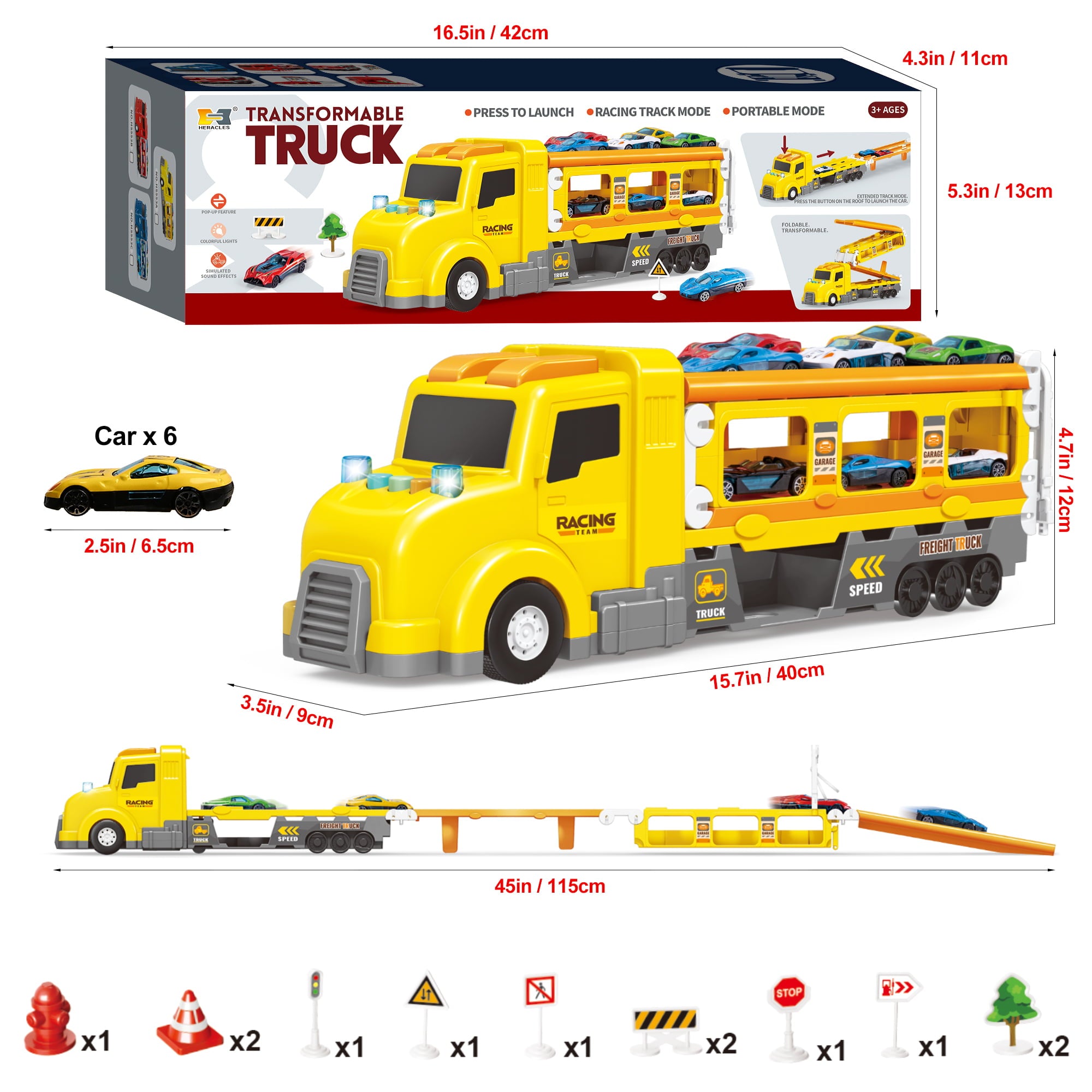 Beefunni Car Carrier Truck for Kids Age 3-8 Sound and Light Transport 7 in 1 Vehicle Playset Racing Game w/ Launch Track
