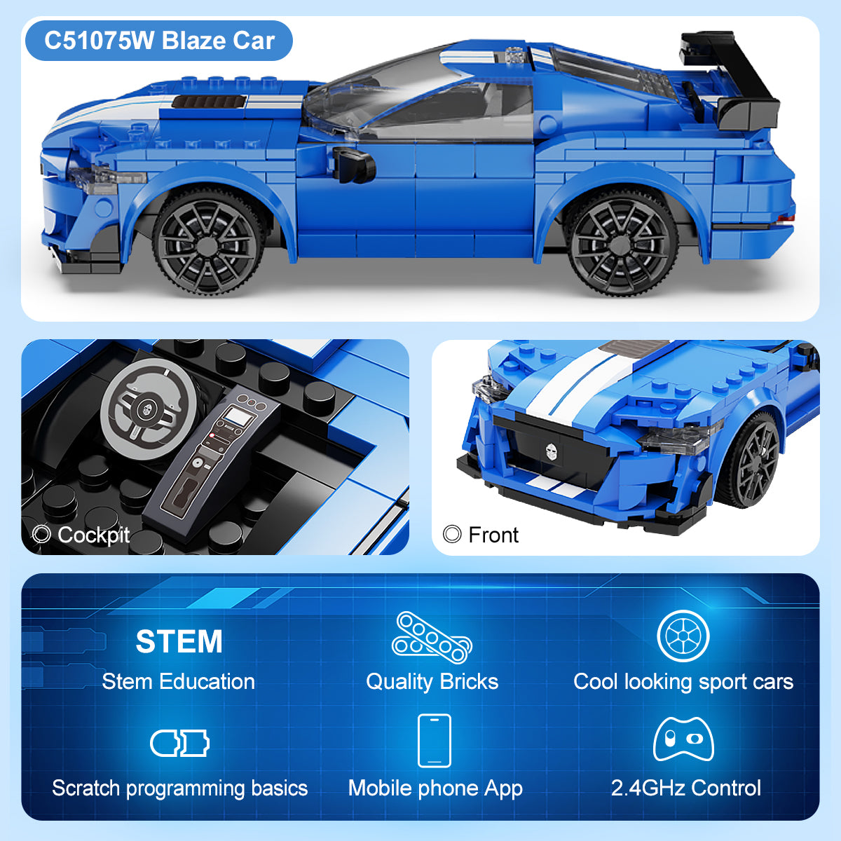 CaDA® Blue Warrior GT500 Supercar Programmable Remote Control Sports Car Model Building Block Toy C51077W Building Kit and Engineering Toy for Kids (325 Pieces)