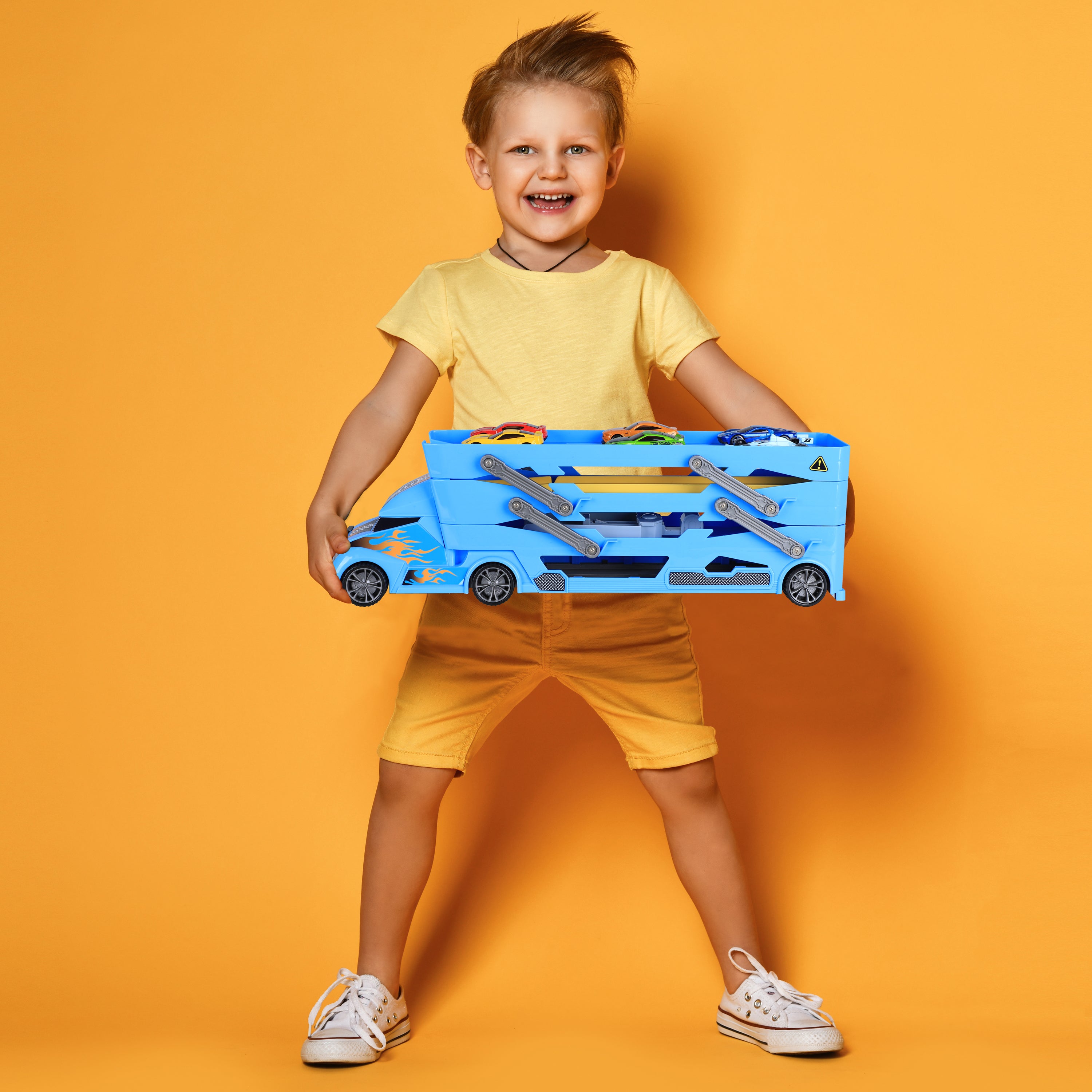 TOYLI Vehicle Playset Toy Car Hauler Carrier Truck with Track， Launcher， 6 Metal Die-Cast Vehicles， for Boys Girls Toddlers