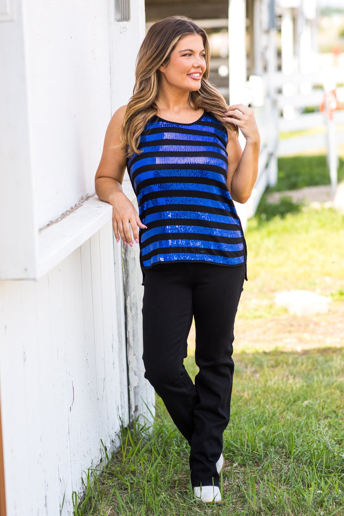Blue and Black Sequin Stripe Tank