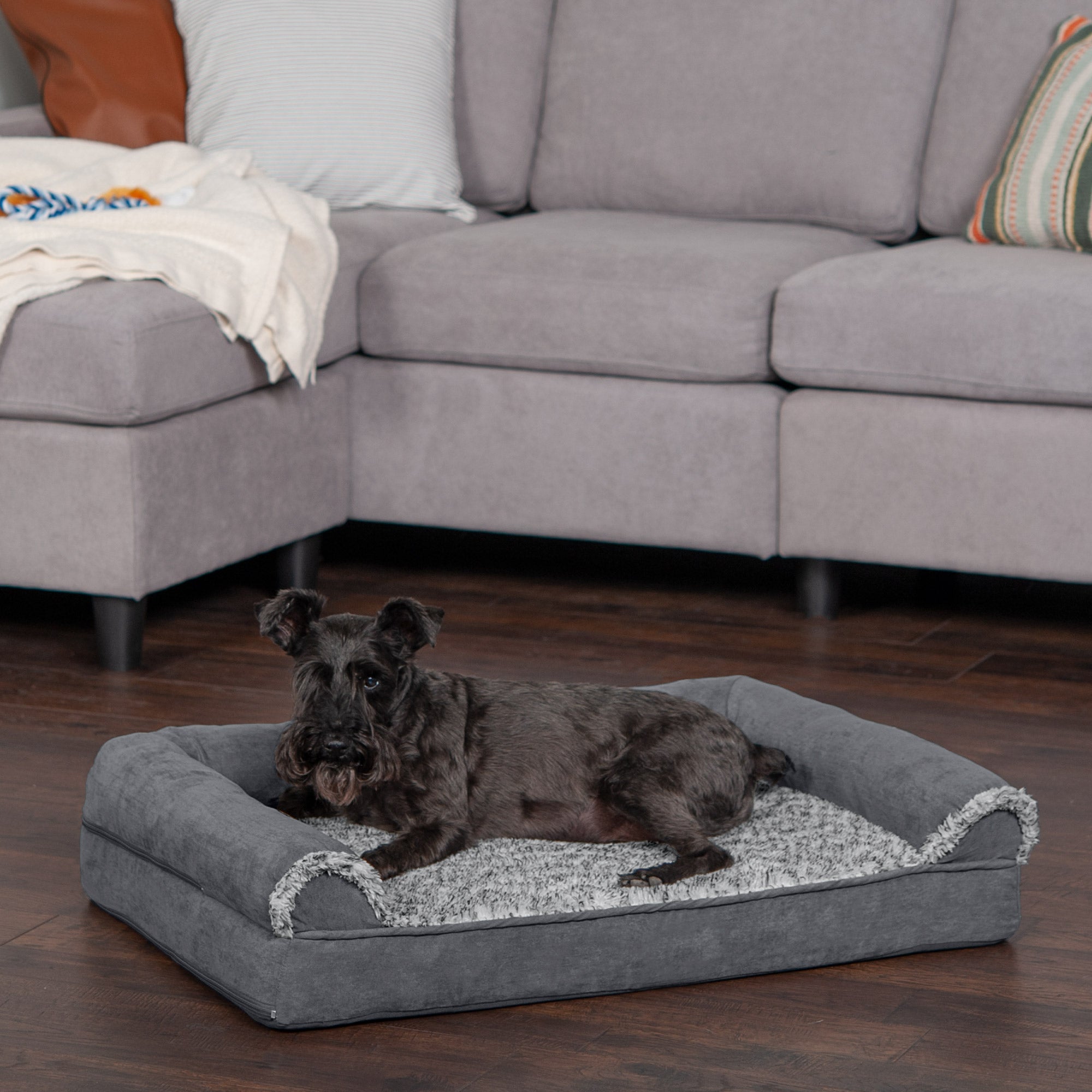 FurHaven Pet Dog Bed | Orthopedic Two-Tone Faux Fur and Suede Sofa-Style Couch Pet Bed for Dogs and Cats， Stone Gray， Medium
