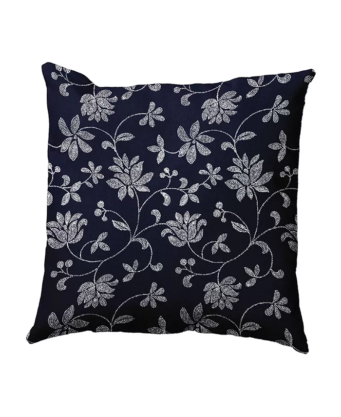E by Design Traditional Floral 16 Inch Navy Blue Decorative Floral Throw Pillow