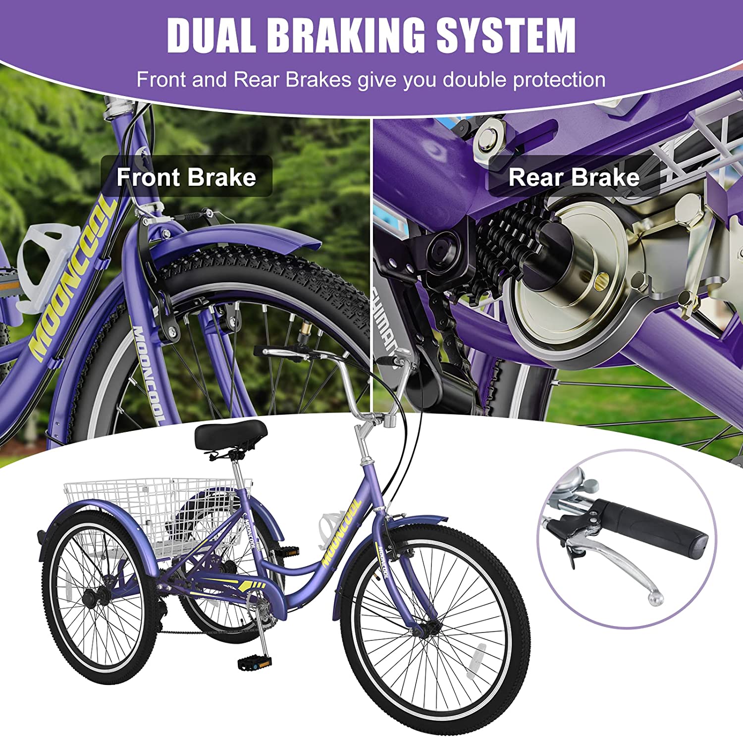 MOONCOOL Adult Tricycles 7 Speed， 16/20/24/26 inch 3 Wheel Bikes， Three-Wheeled Bicycles Cruise Trike with Shopping Basket for Seniors， Women， Men， Teenager， Kids