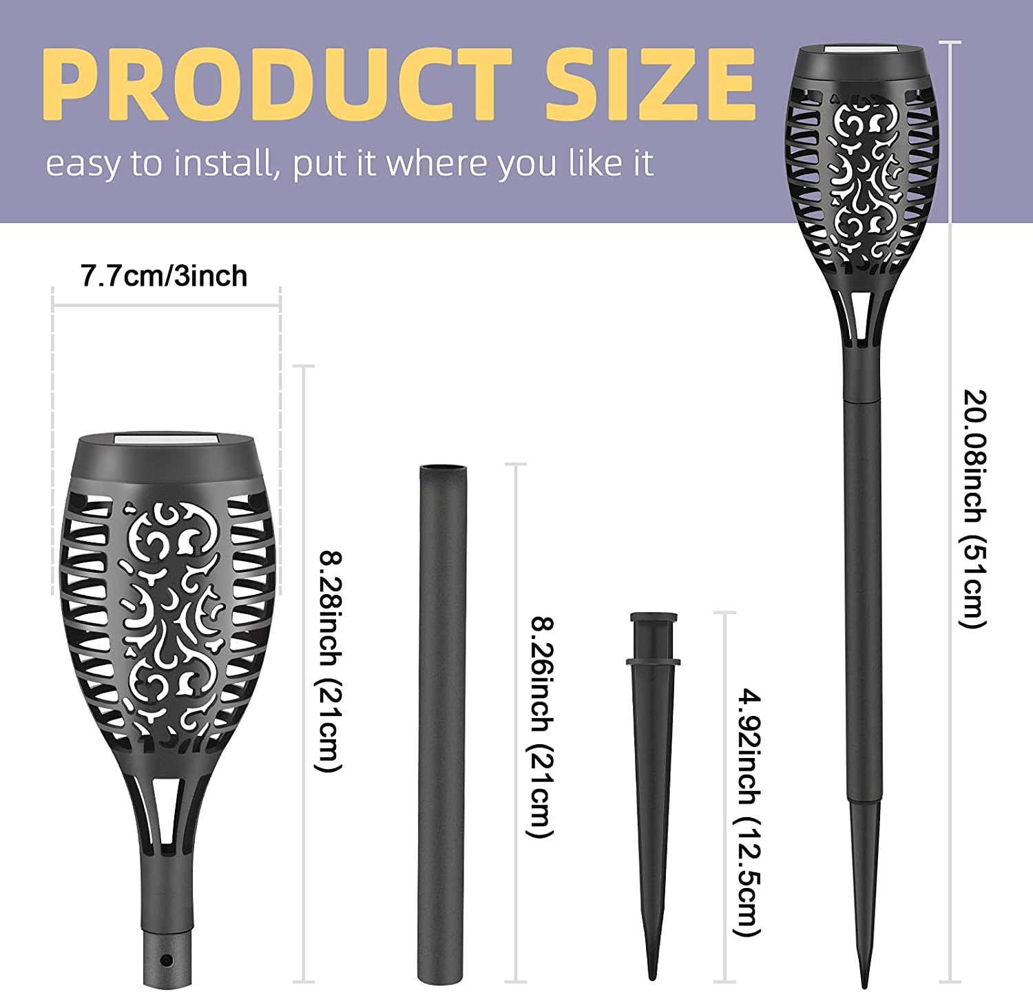 4 Pack Led Solar Torch Light with Flickering Flame， Outdoor Waterproof Solar Torches Stake Lights， Auto On/Off Solar Garden Lights Decorations (4 Pack)