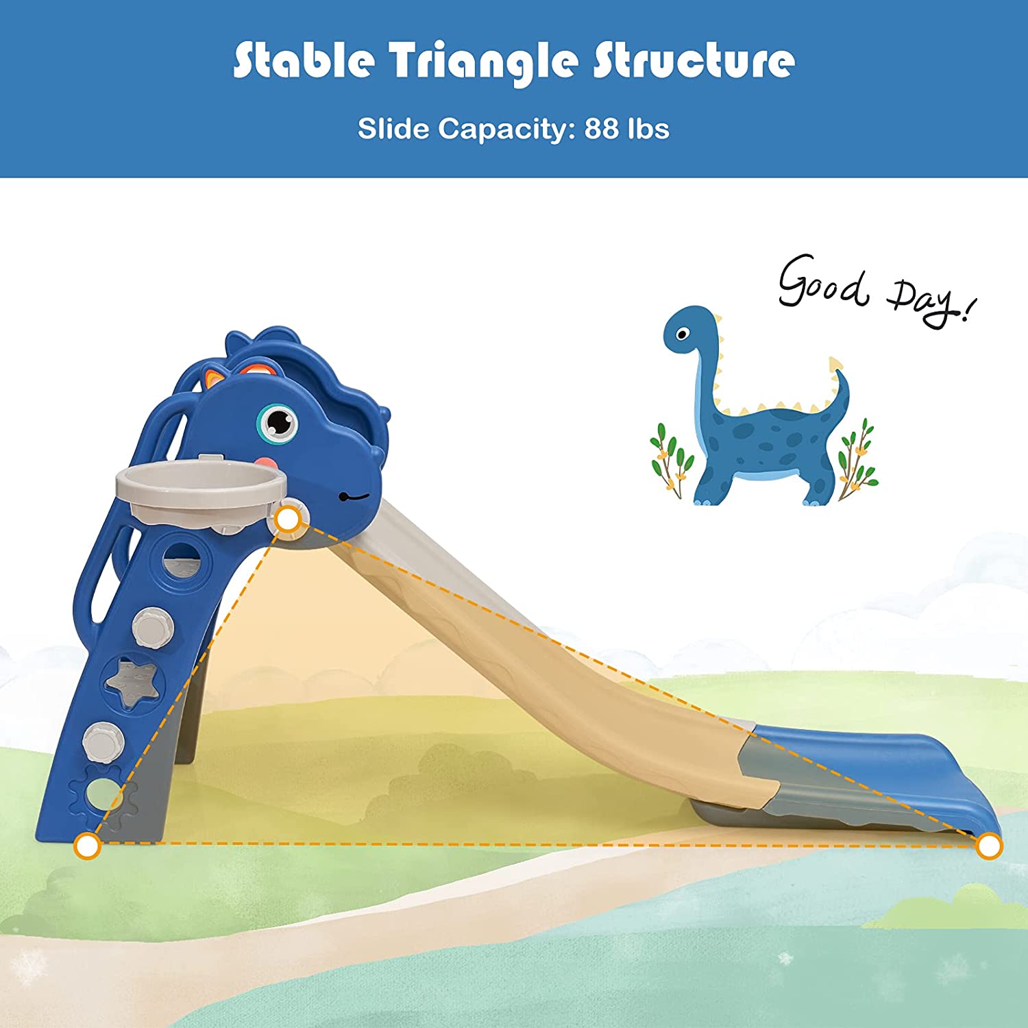 3 in 1 Slide for Kids， Toddler Slide Climber Set for Indoor Outdoor， Freestanding Baby Game Slide with Extra Long Slipping Slope， Basketball Hoop and Ball for Boys and Girls (Blue)