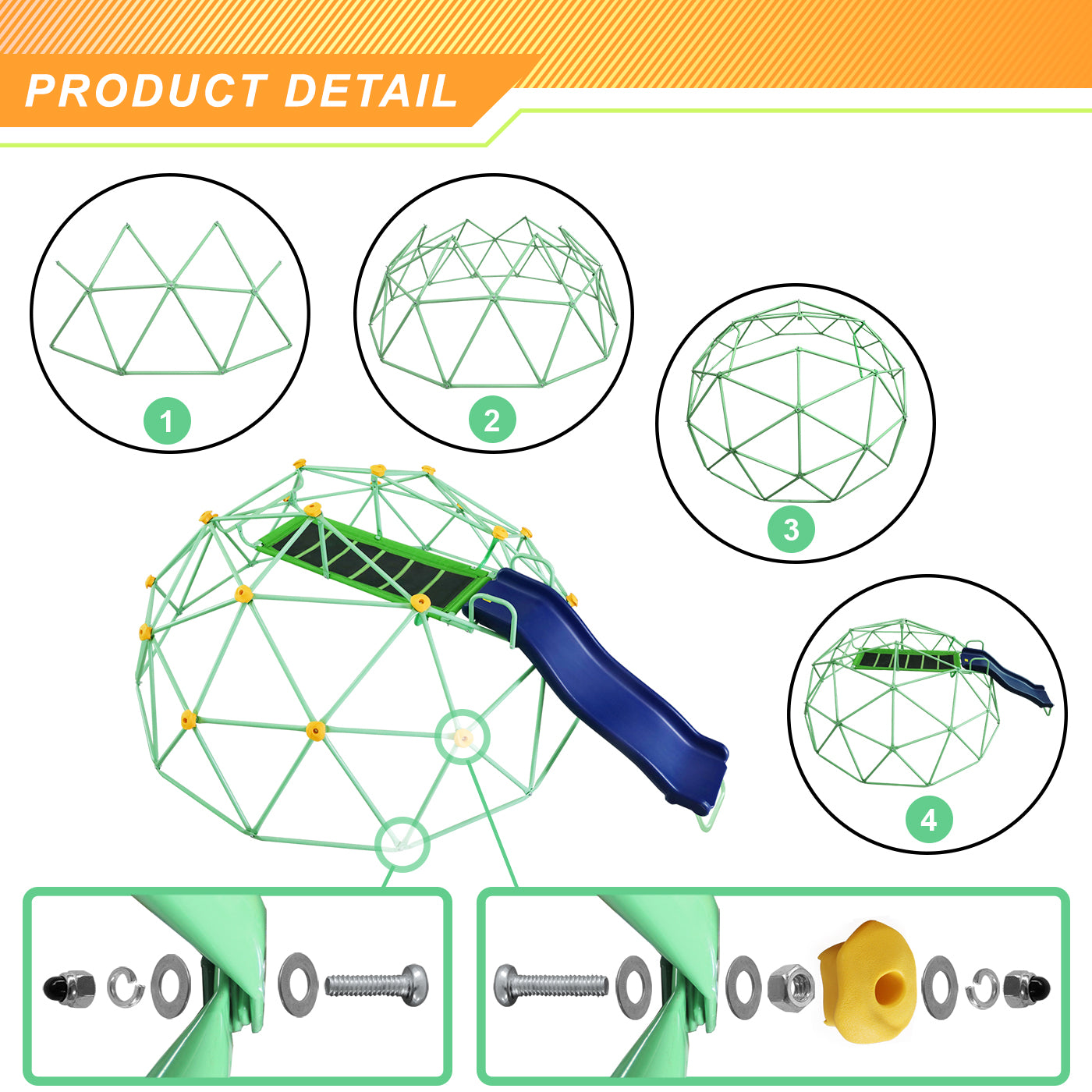 SMkidsport 8 FT Climbing Dome with Slide， Geometric Dome Climber for Kids 3-8， High Load Capacity， Anti-Rust and UV-Resistant Steel