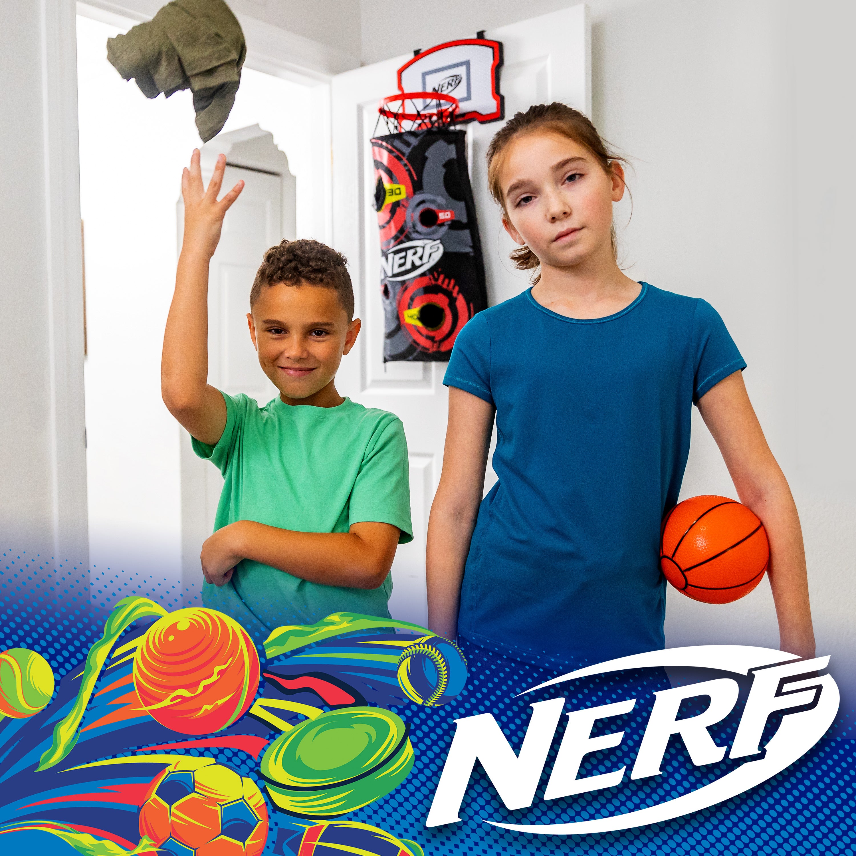 NERF Basketball Hoop Hamper - Laundry Layup Over the Door Basket + Shooting Target - Mini Hoop Hamper + Basketball Set