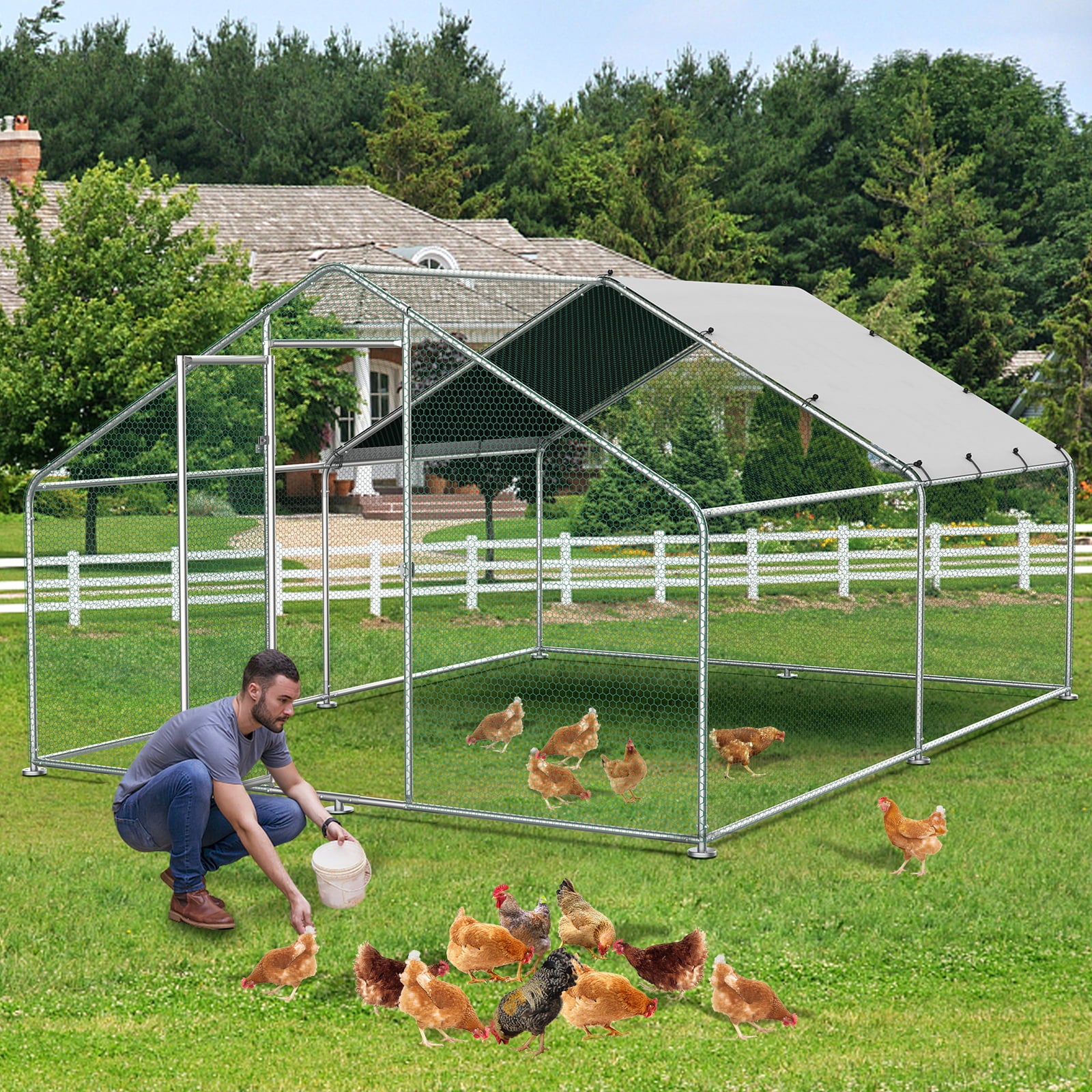 Vantic Large Metal Chicken Coop Run， Walk-in Poultry Cage Chicken Runs House for Yard with Waterproof Cover， Ducks Rabbits Habitat Cage Spire Shaped Coop for Outdoor Farm Use(10'L x 13'W x 6.56'H)