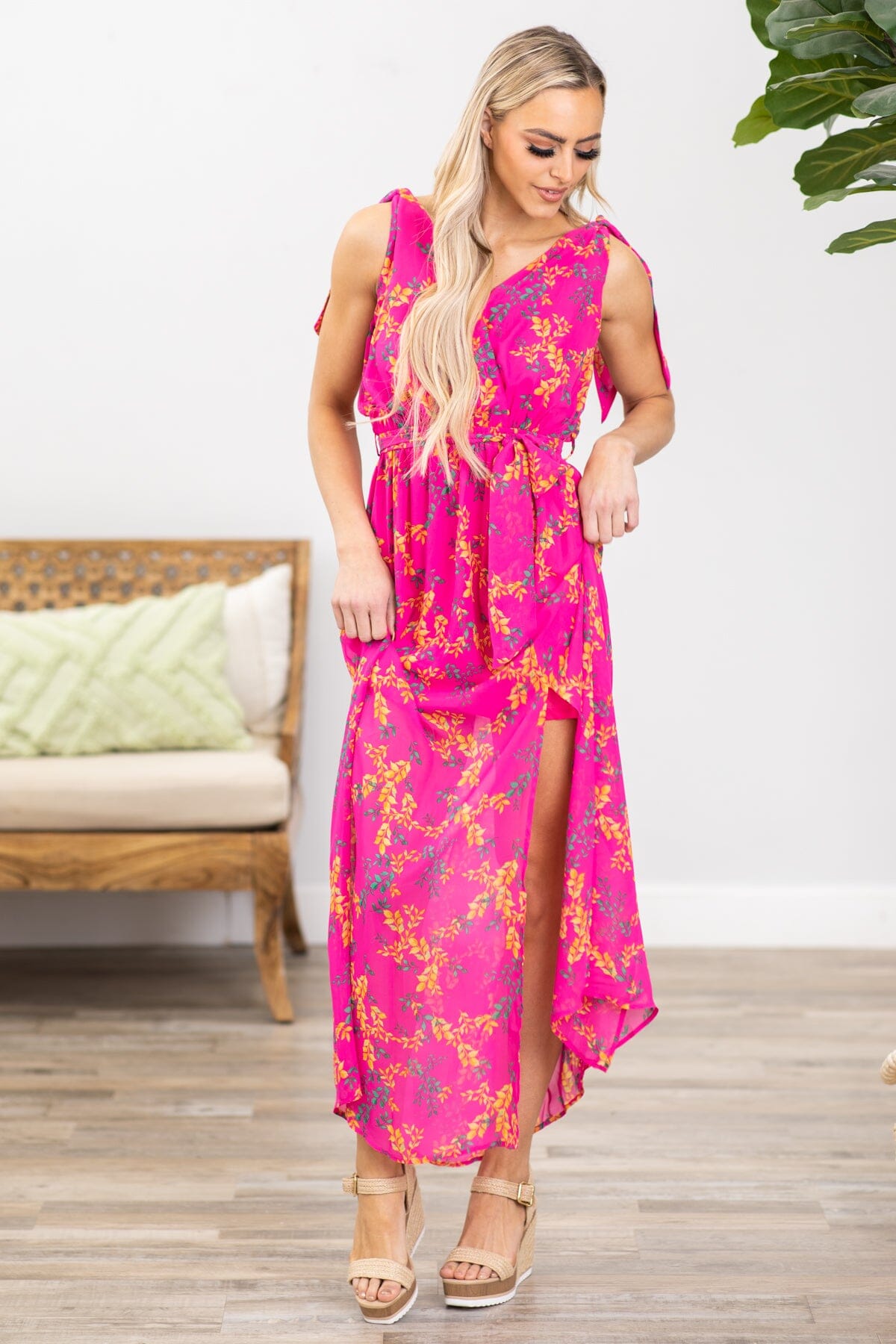 Hot Pink Floral Print Surplice Front Maxi Dress