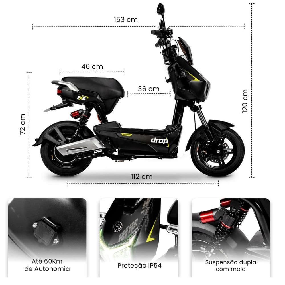 Scooter Elétrica EXS 800W 60V 20Ah Preto Drop Bicicleta Patinete