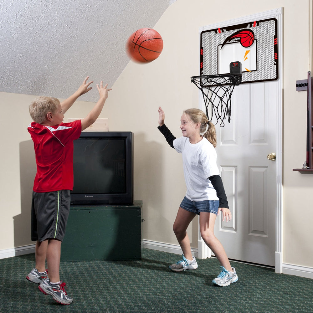 LAYADO Kids Mini Basketball Hoop Set Electronic Score Record and Sounds， Basketball Hoop over The Door with 3 Balls， Hand Pump basketball backboard Toy Gifts Indoor and Outdoor