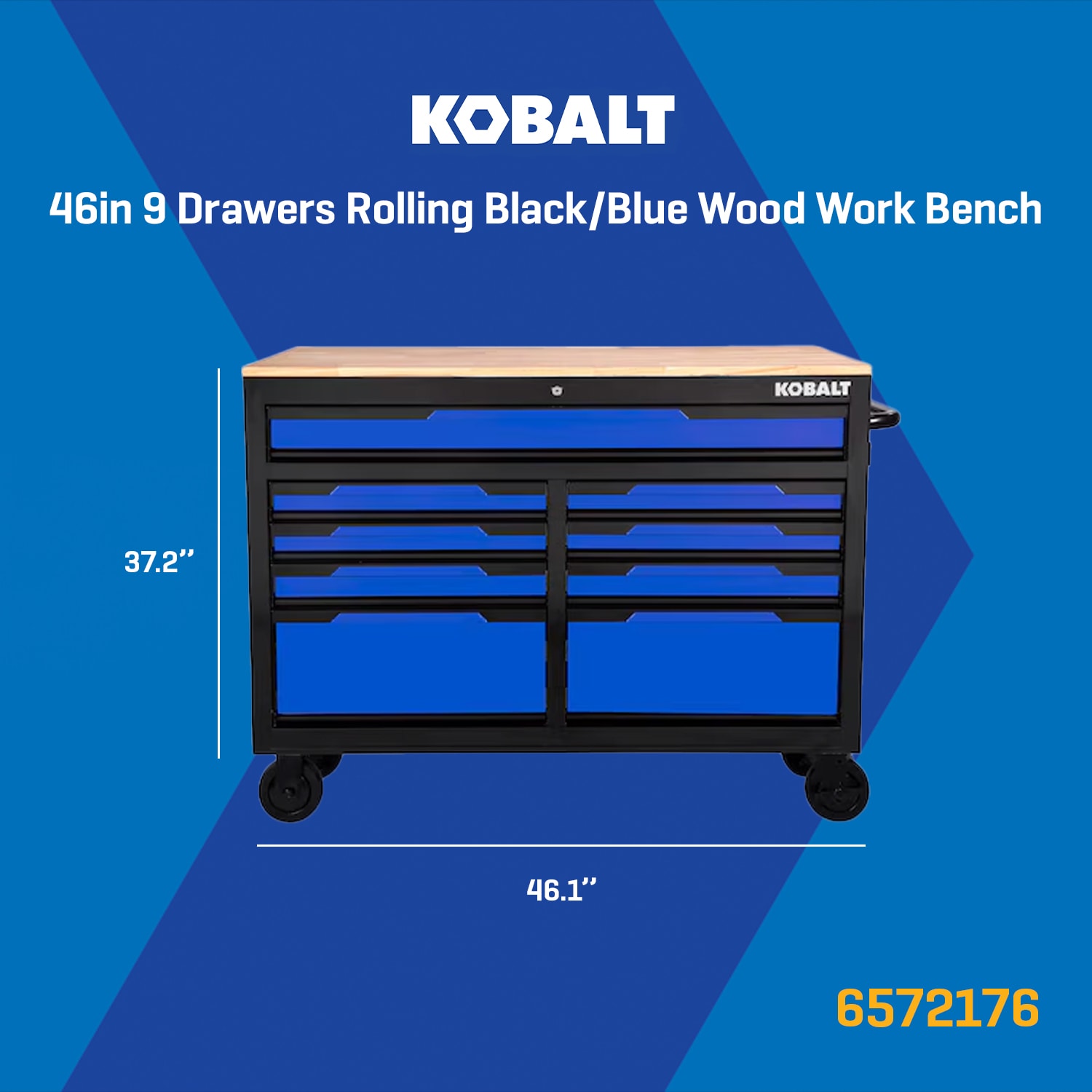Bancada de trabalho Kobalt com 9 gavetas, 117 cm de comprimento x 94,5 cm de altura, em madeira preta/azul, com rodízios.
