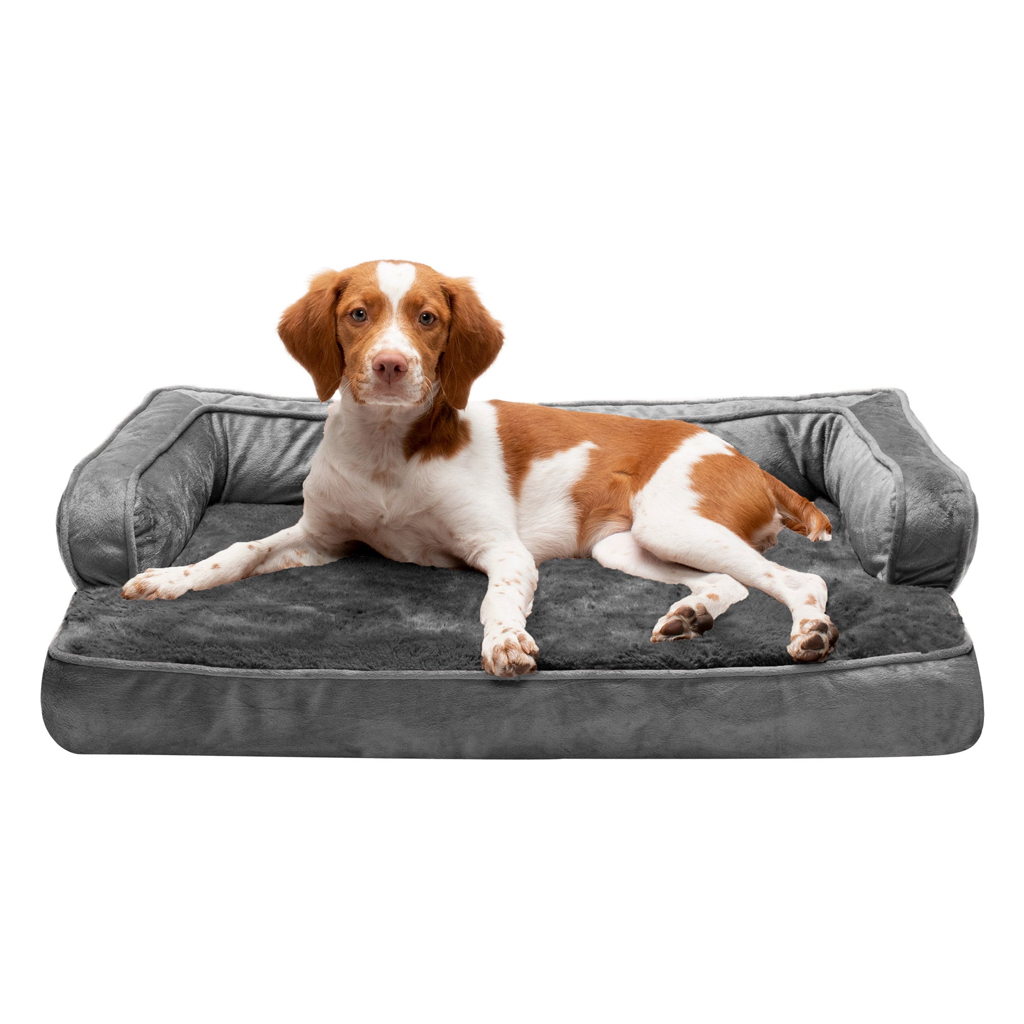FurHaven Pet Products | Cooling Gel Memory Foam Orthopedic Plush and Velvet Comfy Couch Sofa-Style Pet Bed for Dogs and Cats， Dark Gray， Medium