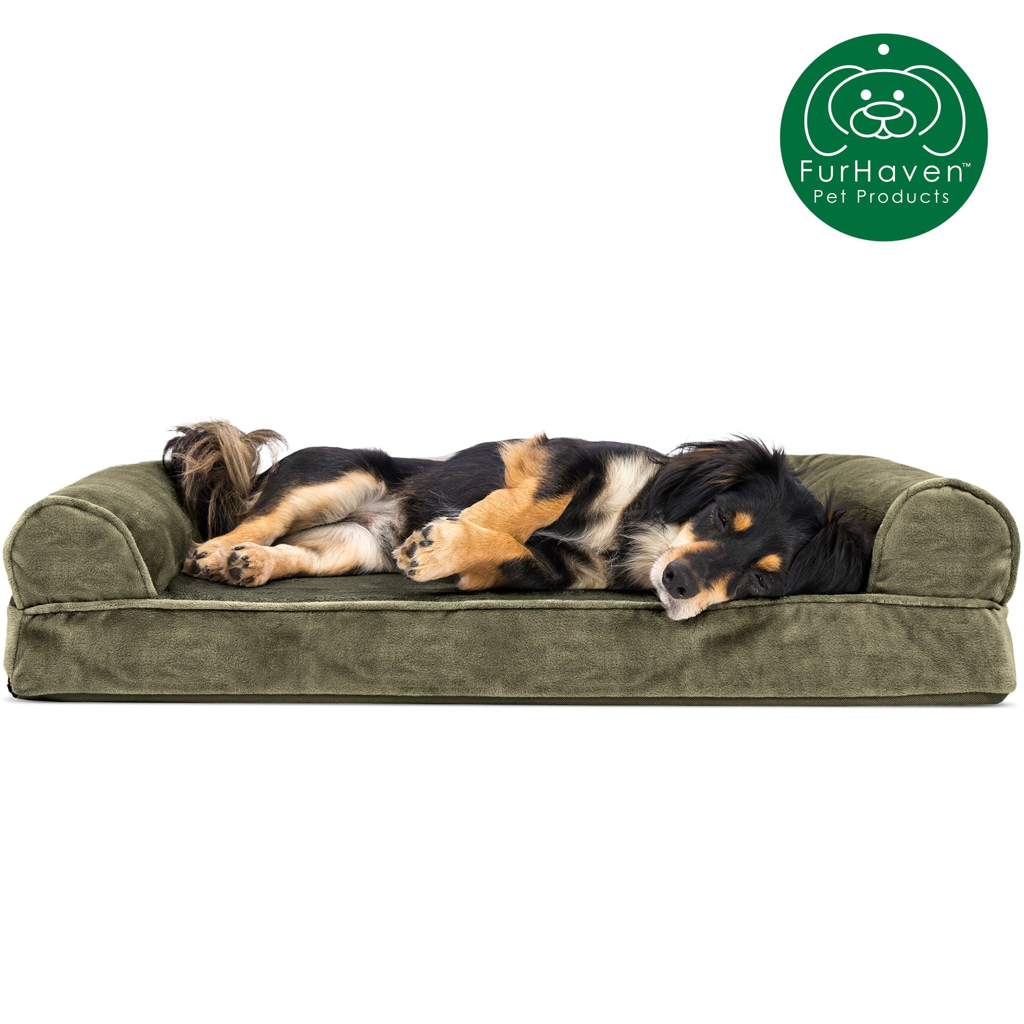 FurHaven | Orthopedic Faux Fur and Velvet Sofa Pet Bed for Dogs and Cats， Dark Sage， Medium