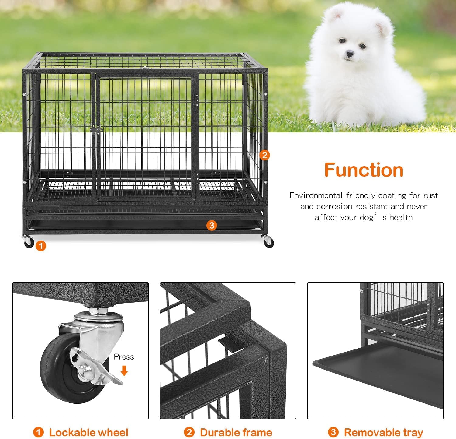 YRLLENSDAN 48 inch XL Large Dog Crate for Large Dogs， Heavy Duty Dog Crates and Kennels with Wheels Plastic Tray Double-Door Lockable Outdoor Metal Pet Dog Cage for Medium Small Dogs