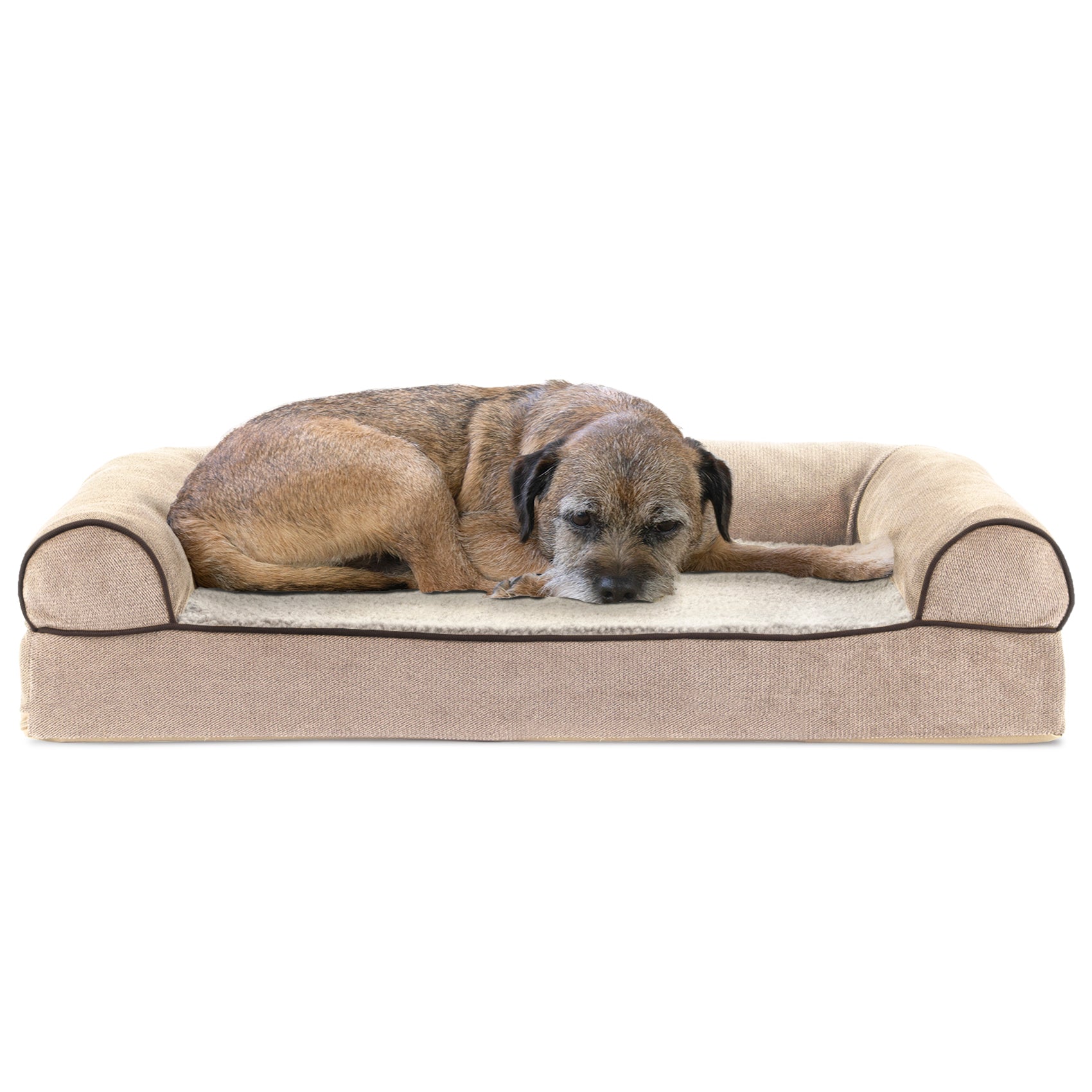 FurHaven | Cooling Gel Faux Fleece and Chenille Sofa Pet Bed for Dogs and Cats， Cream， Medium