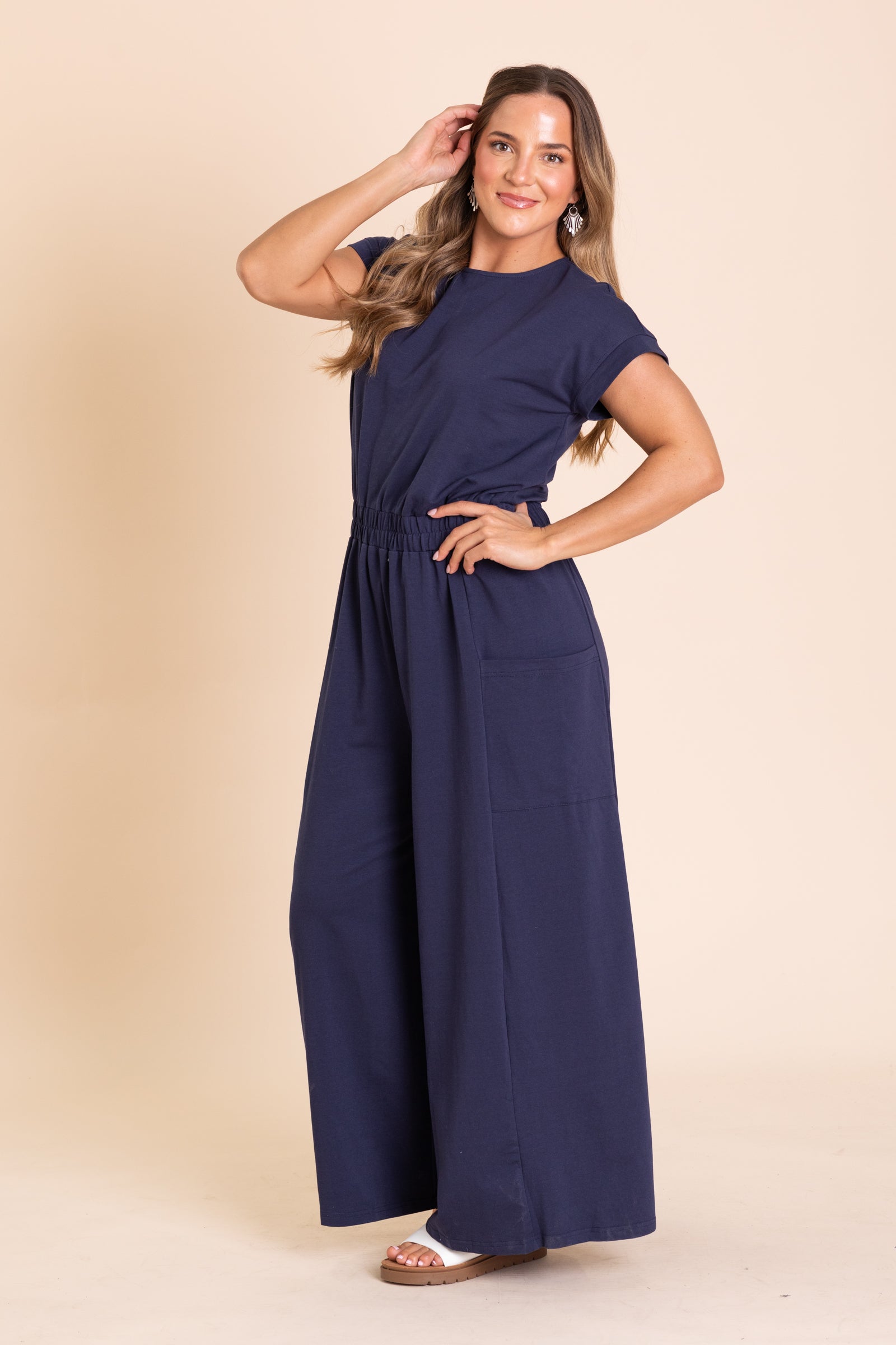 Navy Jersey Short Sleeve Jumpsuit With Pockets