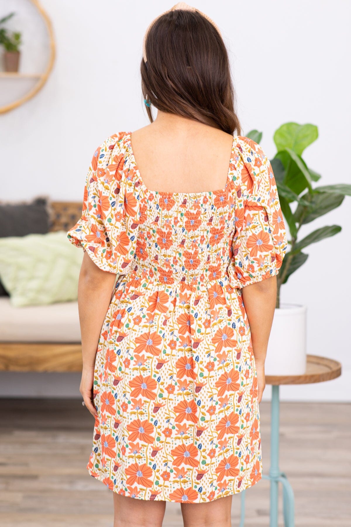 Orange Multicolor Floral Puff Sleeve Dress
