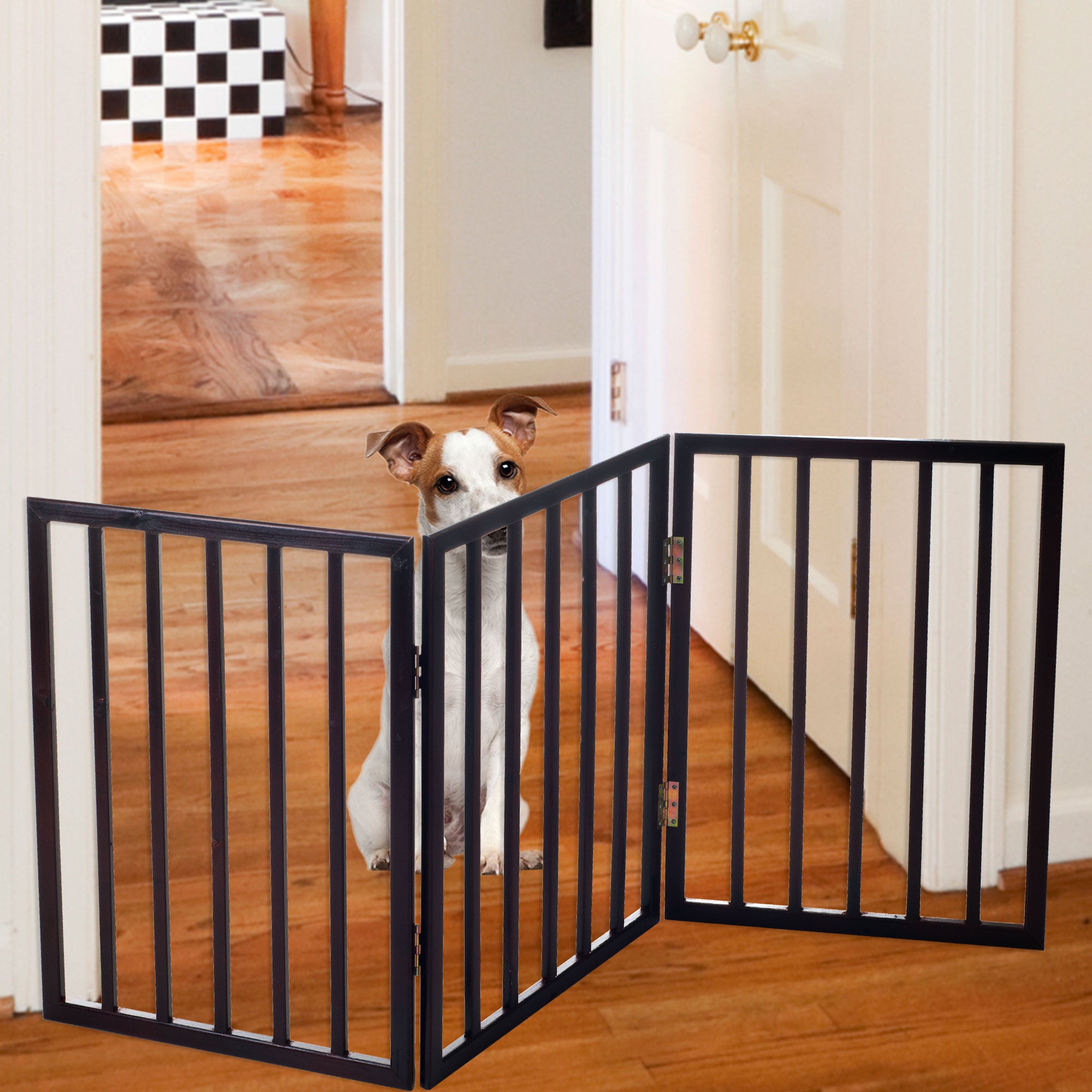 Foldable， Free-Standing Wooden Pet Gate- Light Weight， Indoor Barrier for Small Dogs / Cats by PETMAKER- 24 Inch， Dark Brown， Step Over Doorway Fence