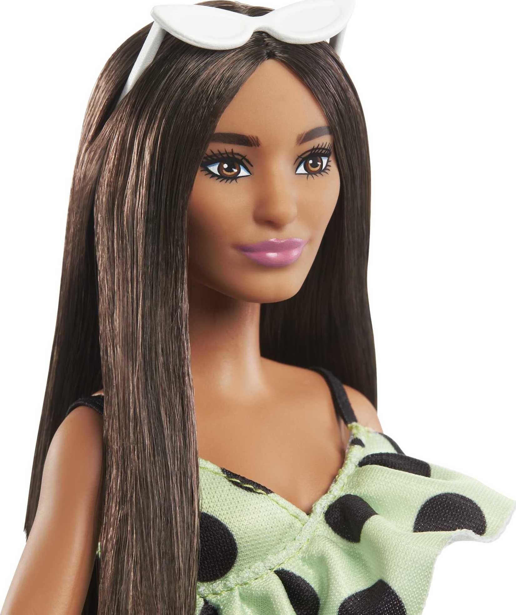 Barbie Fashionistas Doll #200 in Lime Green Polka Dot Romper with Brunette Hair & Accessories
