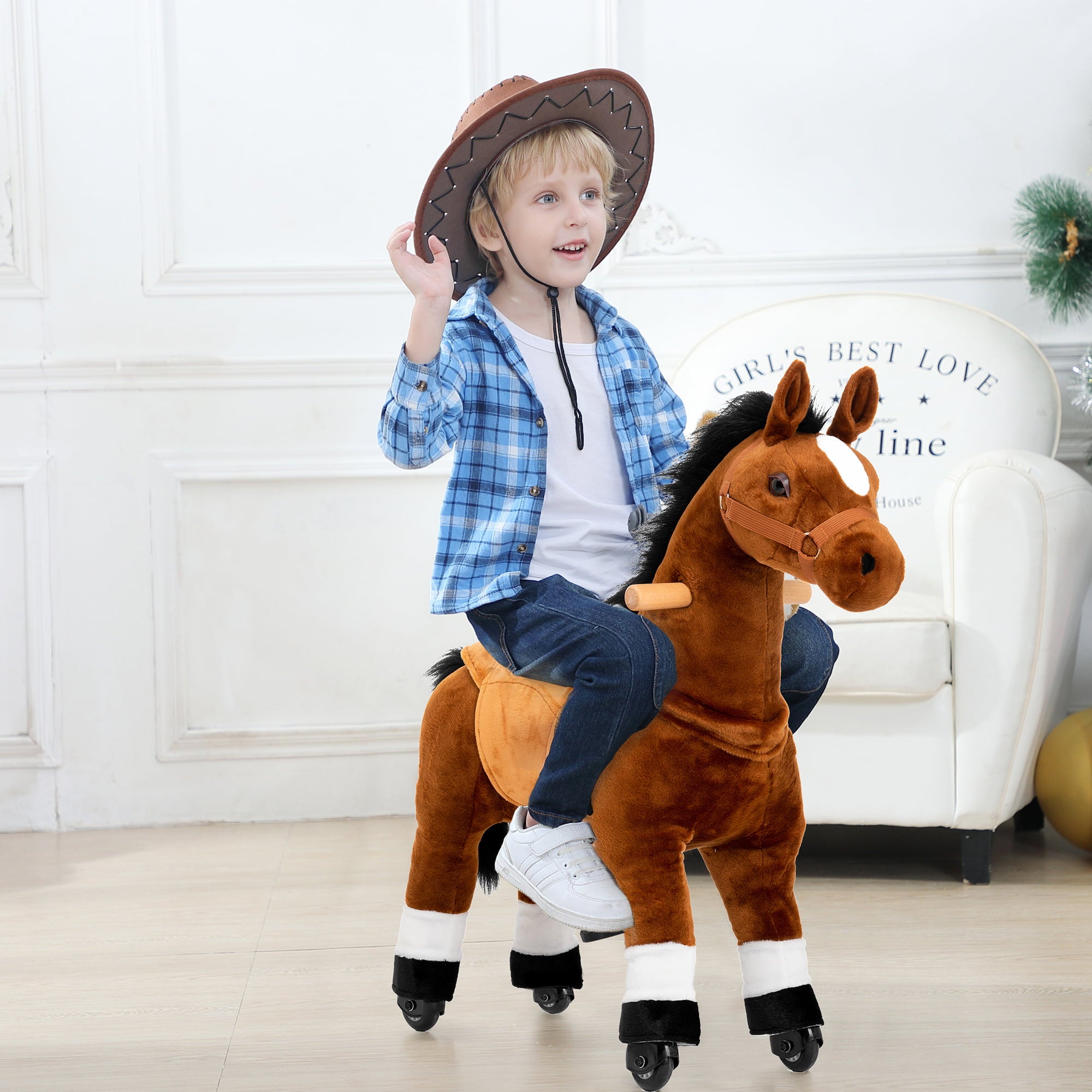 Ponyeehaw Ride on Horse Toys， Ride on Toys for 3-5 Years Old Girls and Boys， Premium Plush Walking Horse with Wheels (Brown)