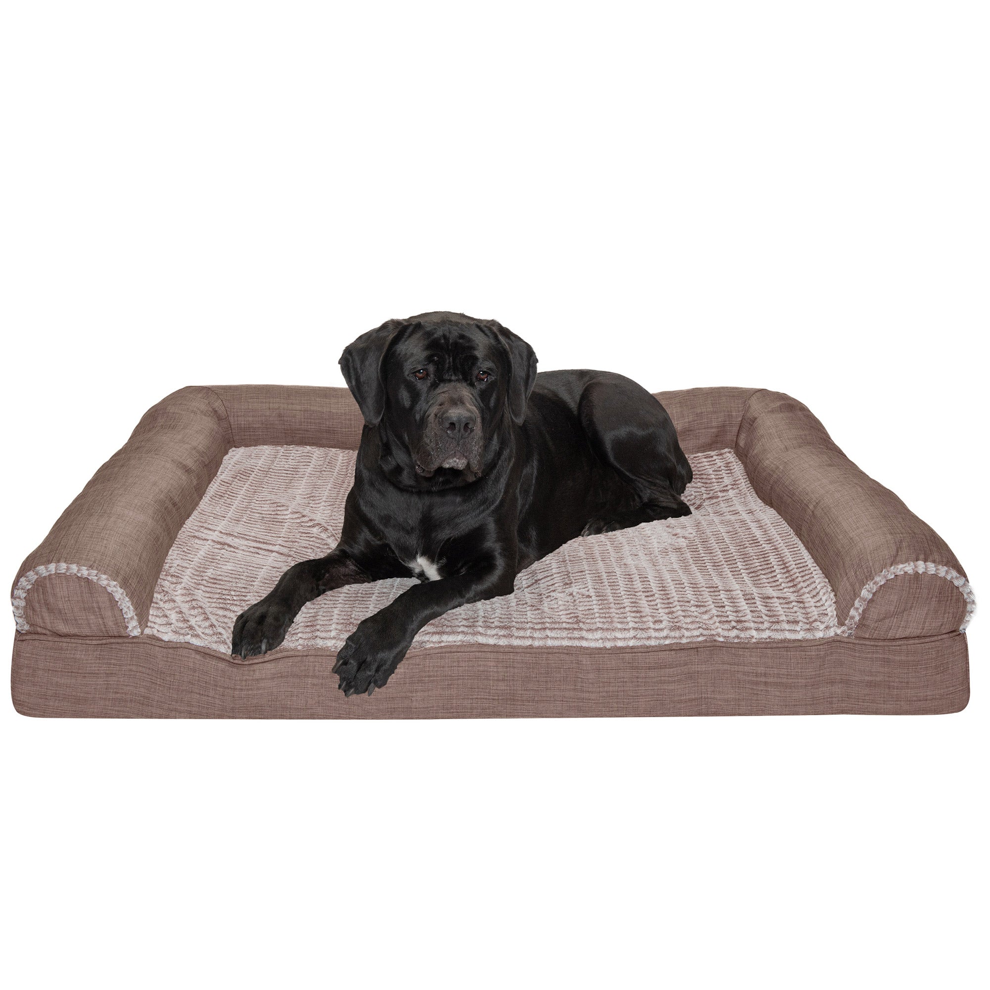 FurHaven Pet Products | Cooling Gel Memory Foam Orthopedic Luxe Fur and Performance Linen Sofa-Style Pet Bed for Dogs and Cats， Woodsmoke， Jumbo Plus