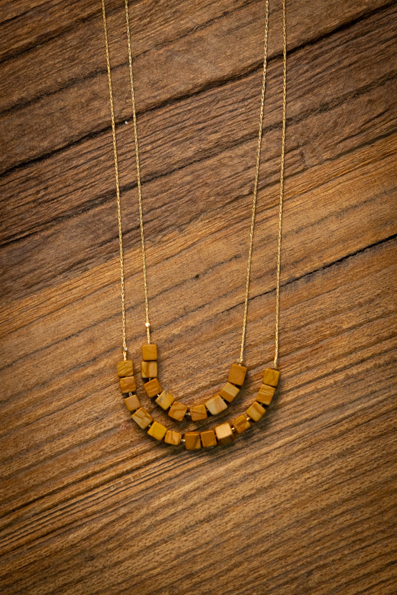 Gold Multicolor Cube Stone Beaded Necklace