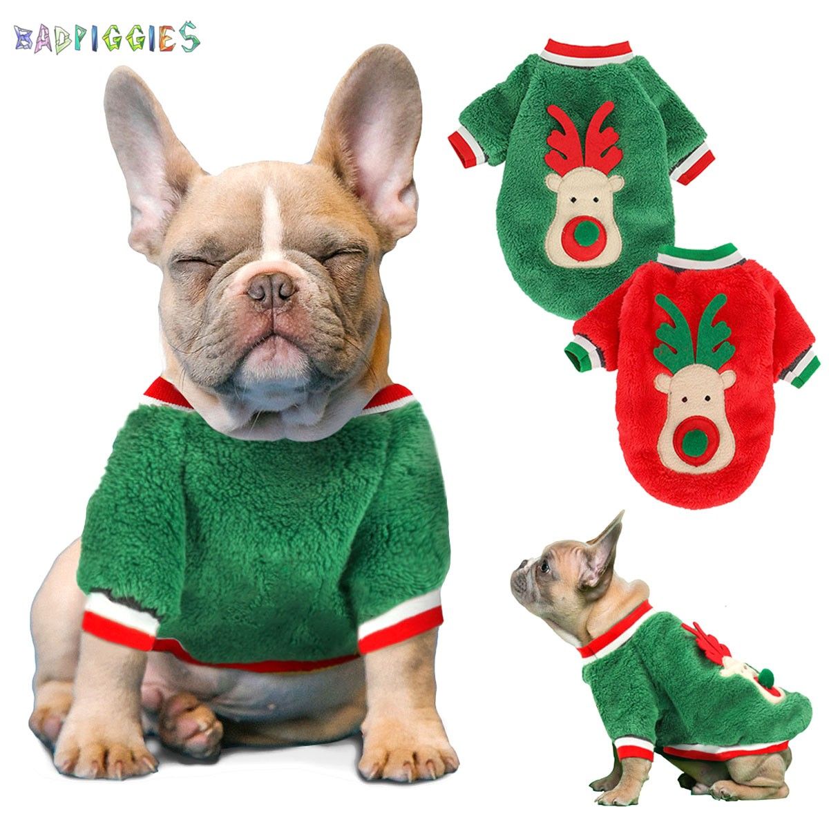 BadPiggies Pet Dog Fleece Sweater Winter Clothes Warm Thickening Coat Jacket Xmas Reindeer Pajamas for Puppy Small Dog Cat (XS， Red)
