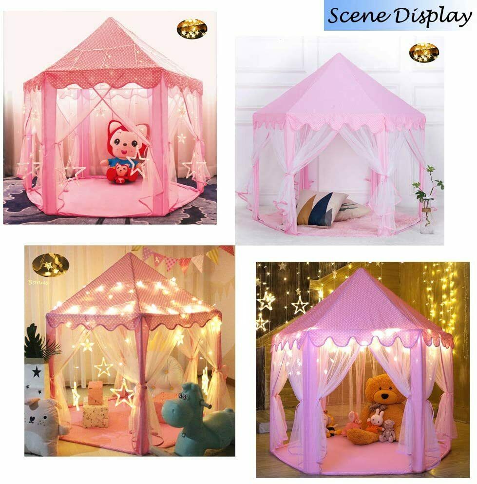 Princess Castle Cute Playhouse with Star Lights for Children, Unbranded Girls Princess Castle Play Tent Indoor Outdoor Kids Gift - Pink 55x53"