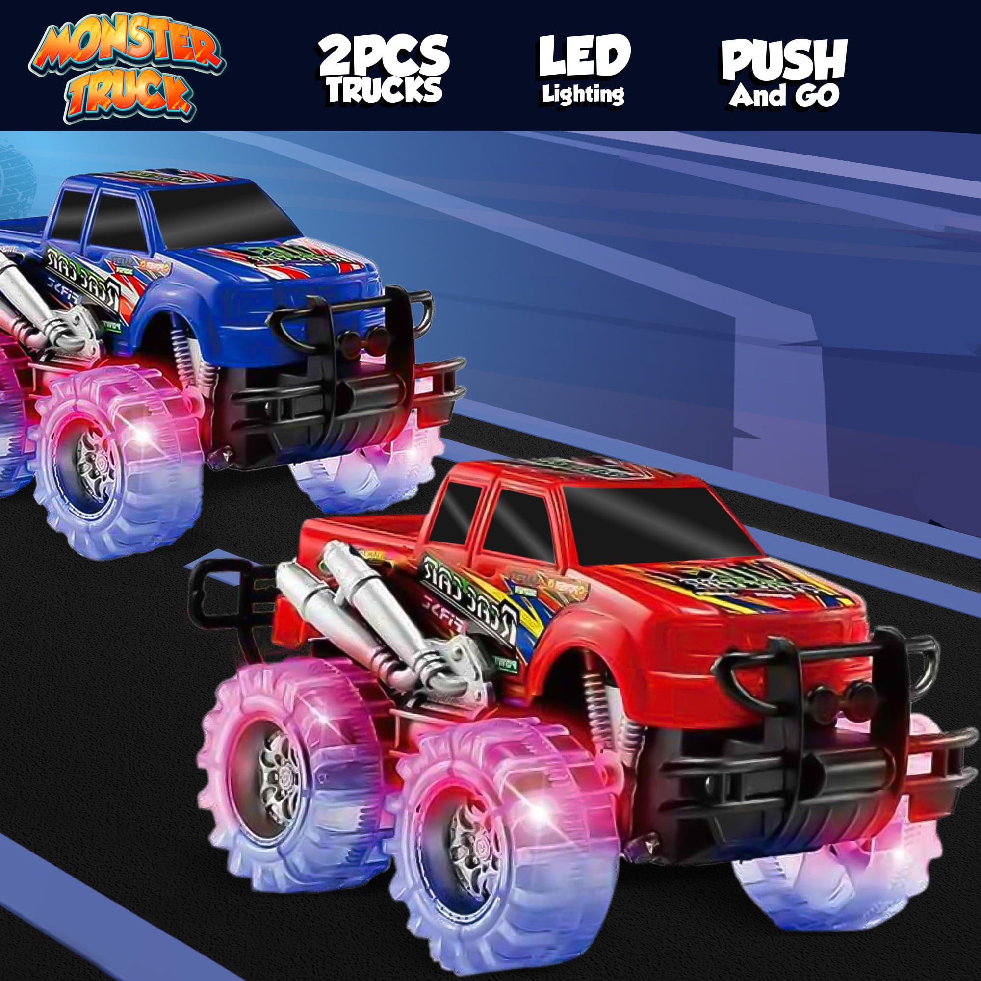 JoyX 2 Pack Light Up Monster Truck Car Toy with Beautiful Flashing LED Tires， Best Birthday Gift for Boy Girl Ages 3+， Push n Go Cars， Toy， Race Truck Car for Kid Party Favors and Daily Play